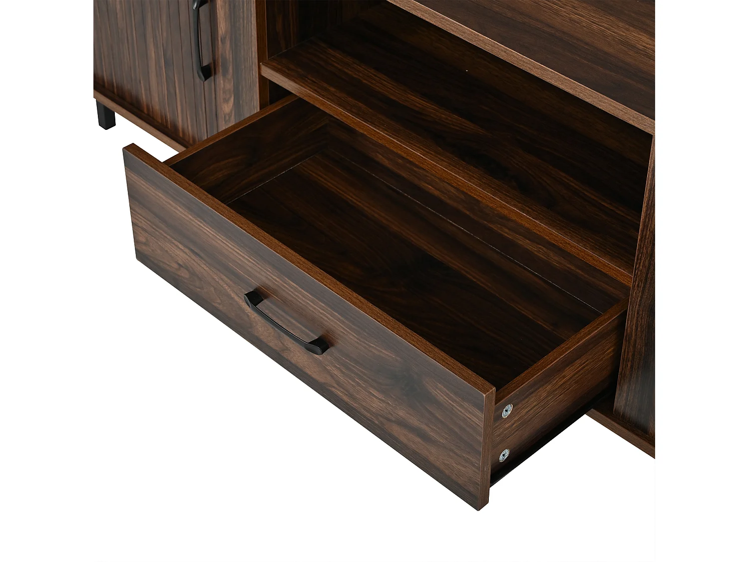 Meuble TV 180cm - Banc TV Design Arrondi avec 2 Portes Rollo et 1 Tiroir, Compatible TV jusqu'à 75 Pouces, Style Rétro - Finition Noyer