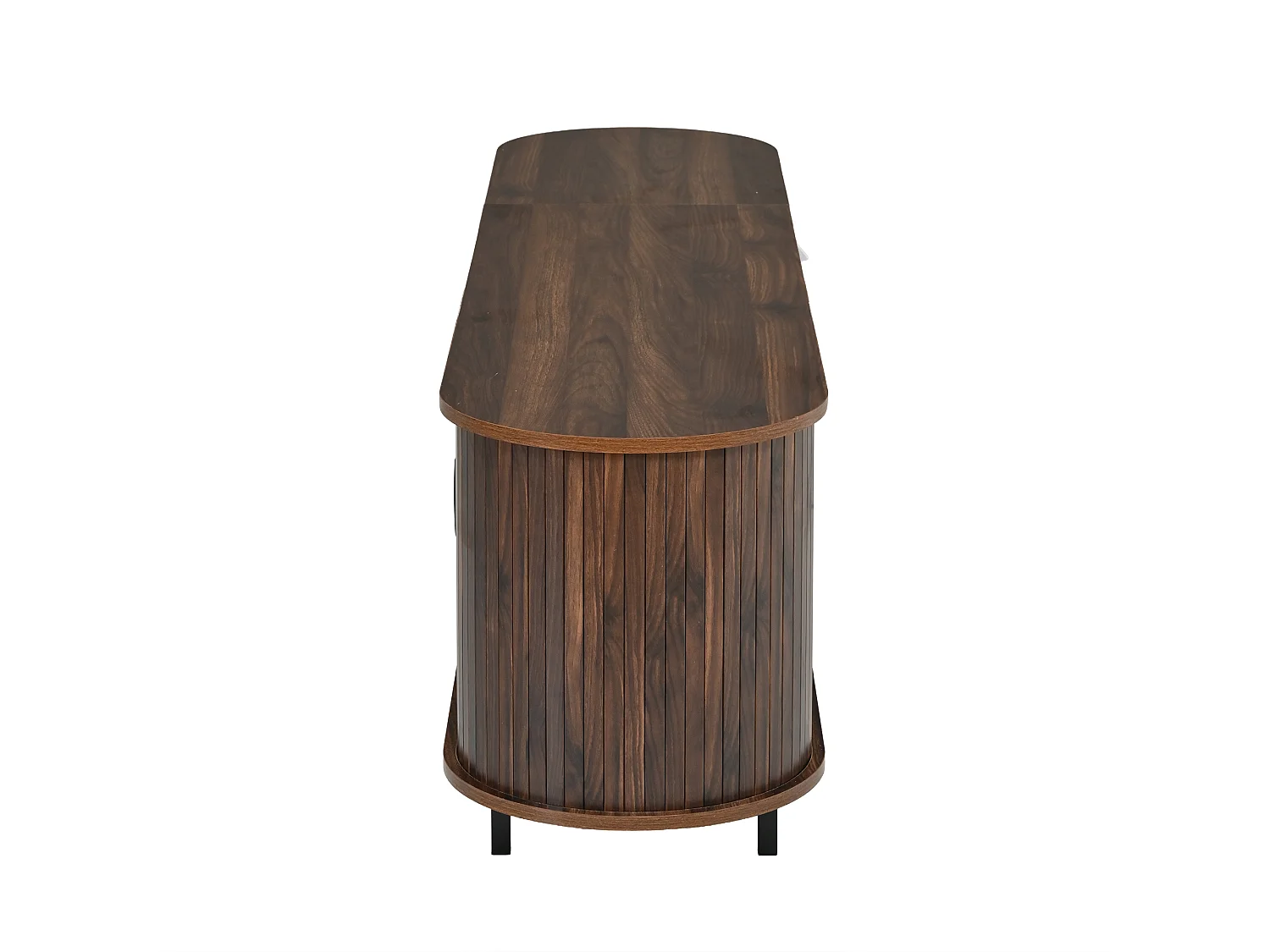 Meuble TV 180cm - Banc TV Design Arrondi avec 2 Portes Rollo et 1 Tiroir, Compatible TV jusqu'à 75 Pouces, Style Rétro - Finition Noyer