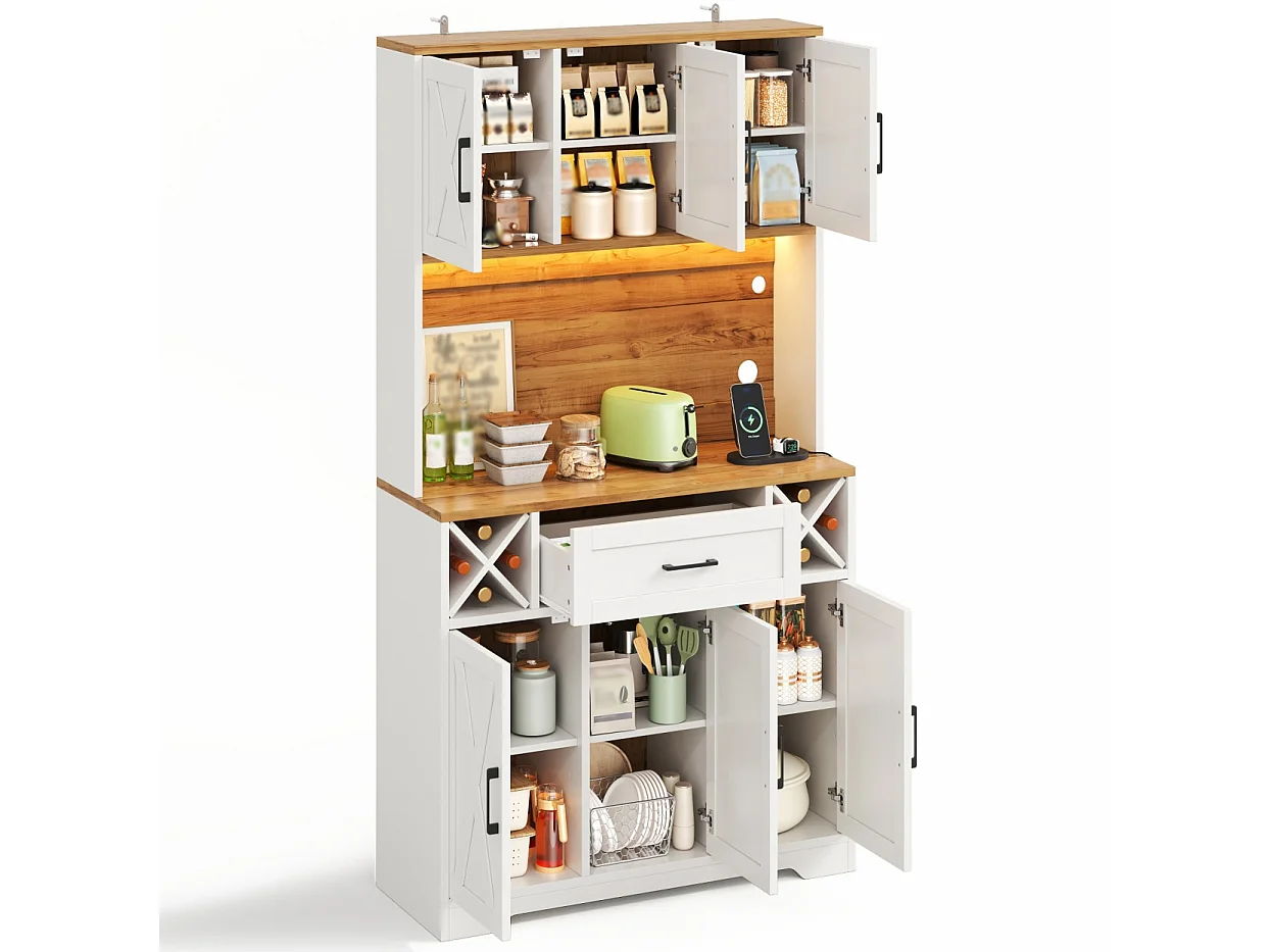 Buffet de cuisine 105x40x180cm - avec 6 portes et 1 tiroir - avec éclairage LED - avec prise de courant - Blanc