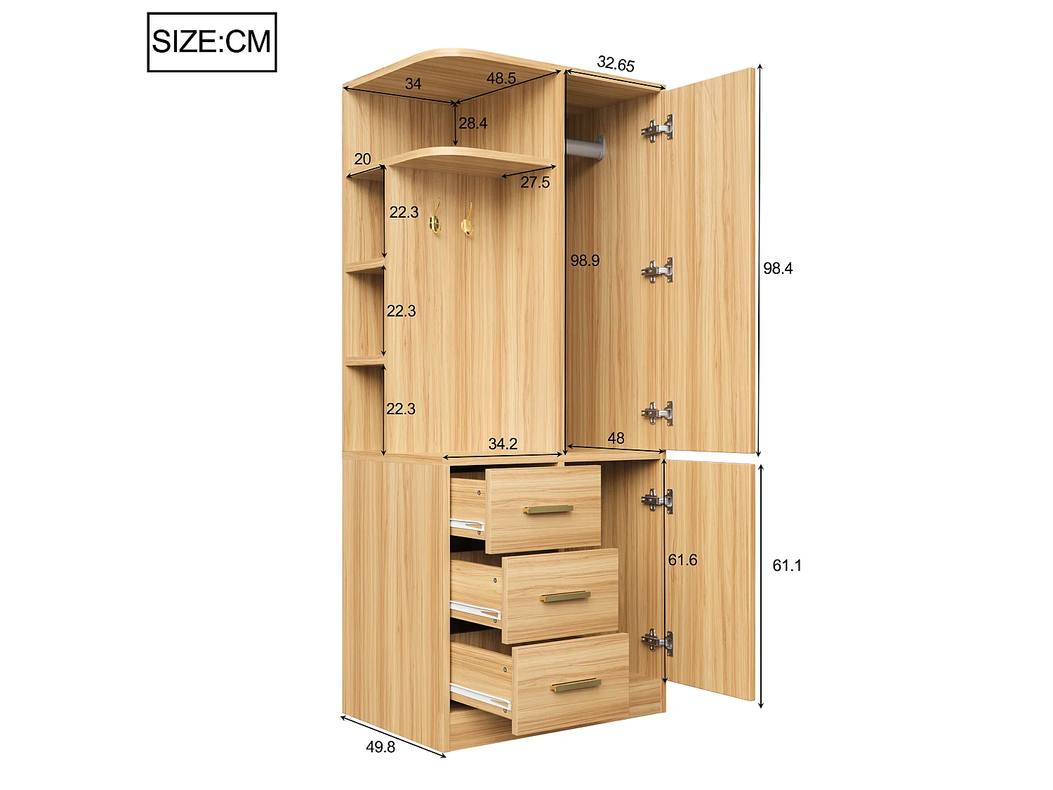 Szafa jednodrzwiowa 70×50×170 - z półkami - z 3 szufladami - z haczykami - naturalny