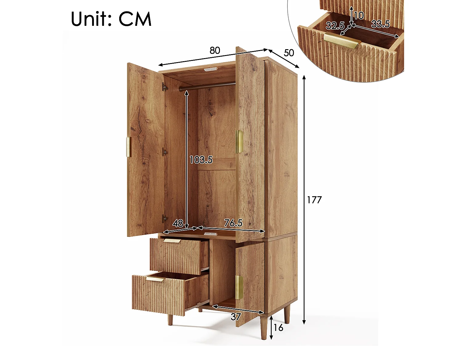 Armoire 80x50x177cm - texture de rainure 3D - avec 3 portes et 2 tiroirs - avec portant à vêtements - chêne