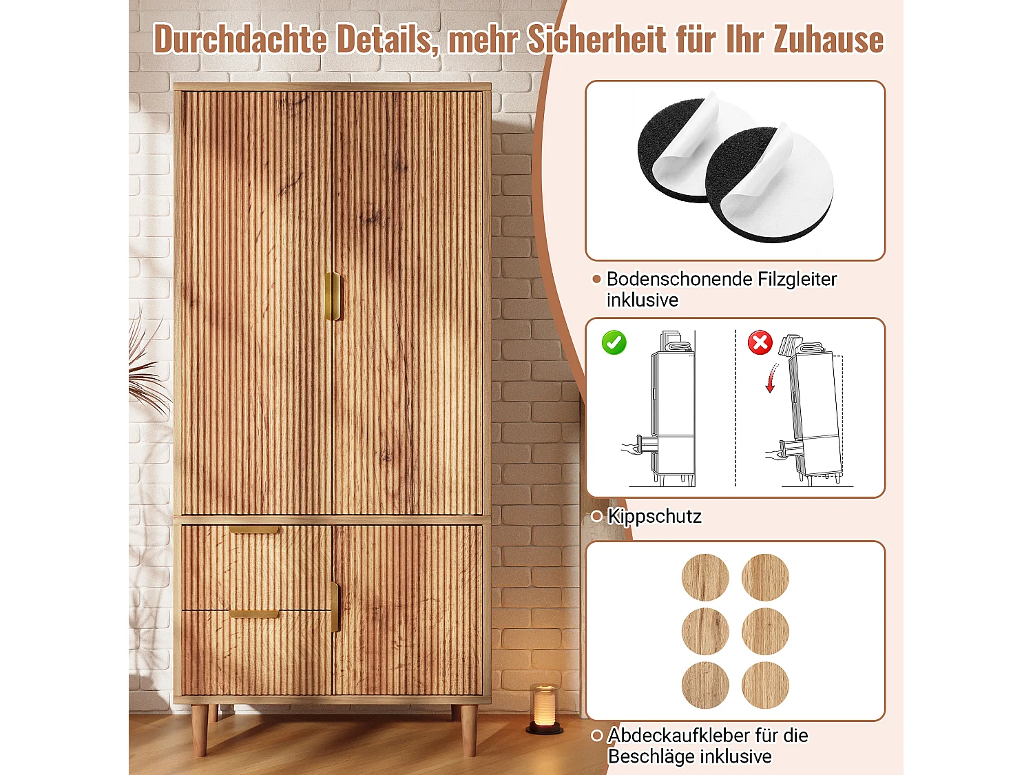 Armoire 80x50x177cm - texture de rainure 3D - avec 3 portes et 2 tiroirs - avec portant à vêtements - chêne
