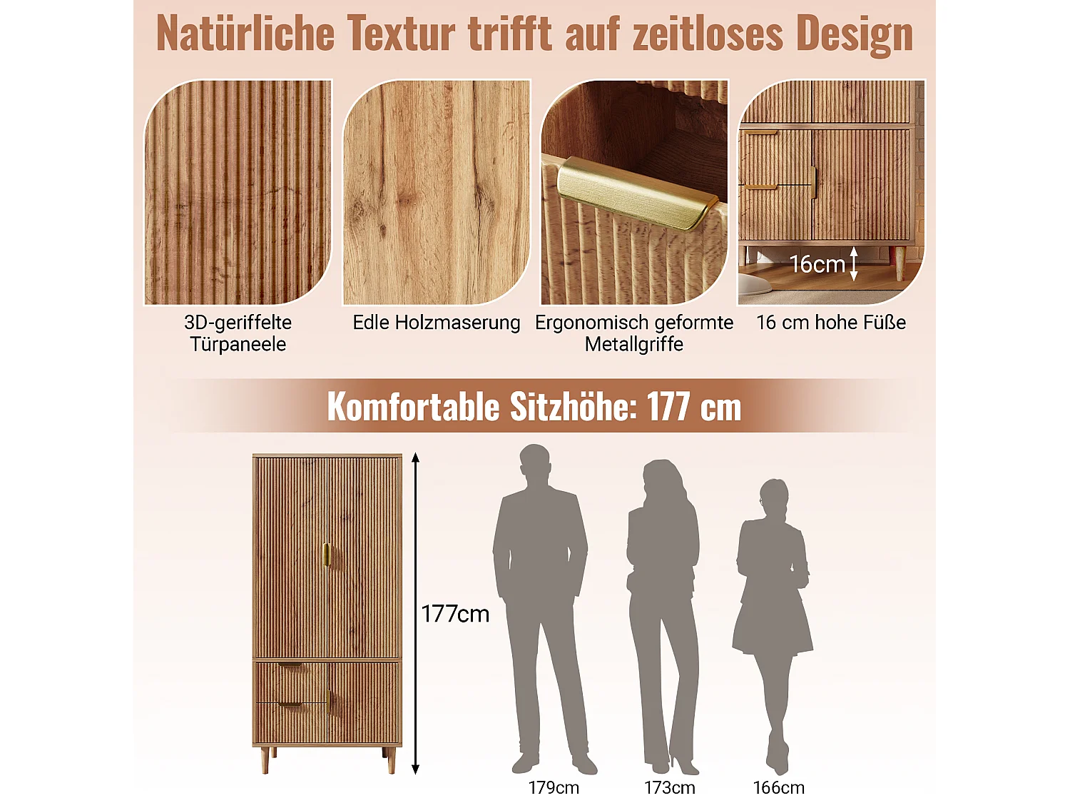 Armoire 80x50x177cm - texture de rainure 3D - avec 3 portes et 2 tiroirs - avec portant à vêtements - chêne