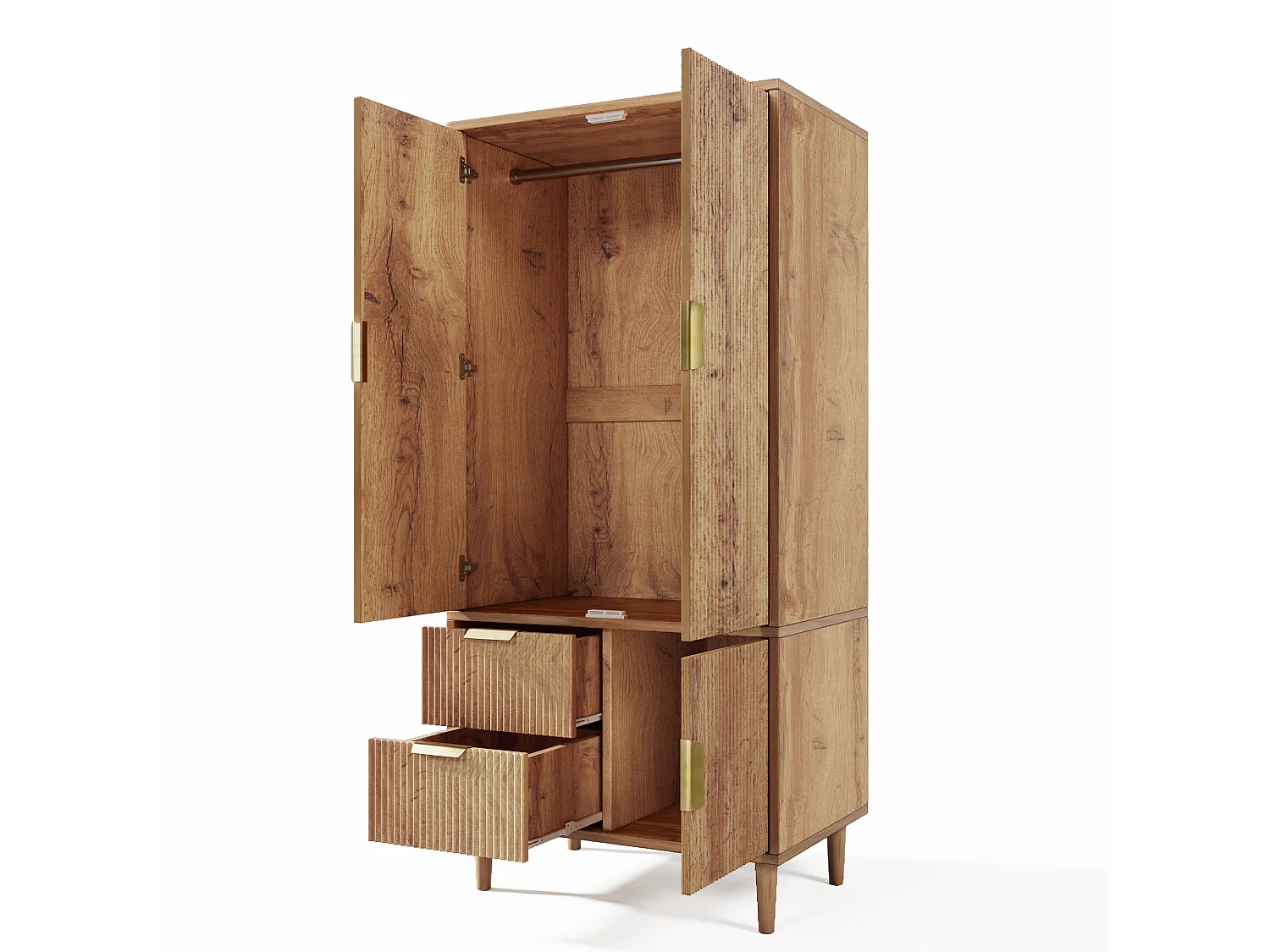 Armoire 80x50x177cm - texture de rainure 3D - avec 3 portes et 2 tiroirs - avec portant à vêtements - chêne