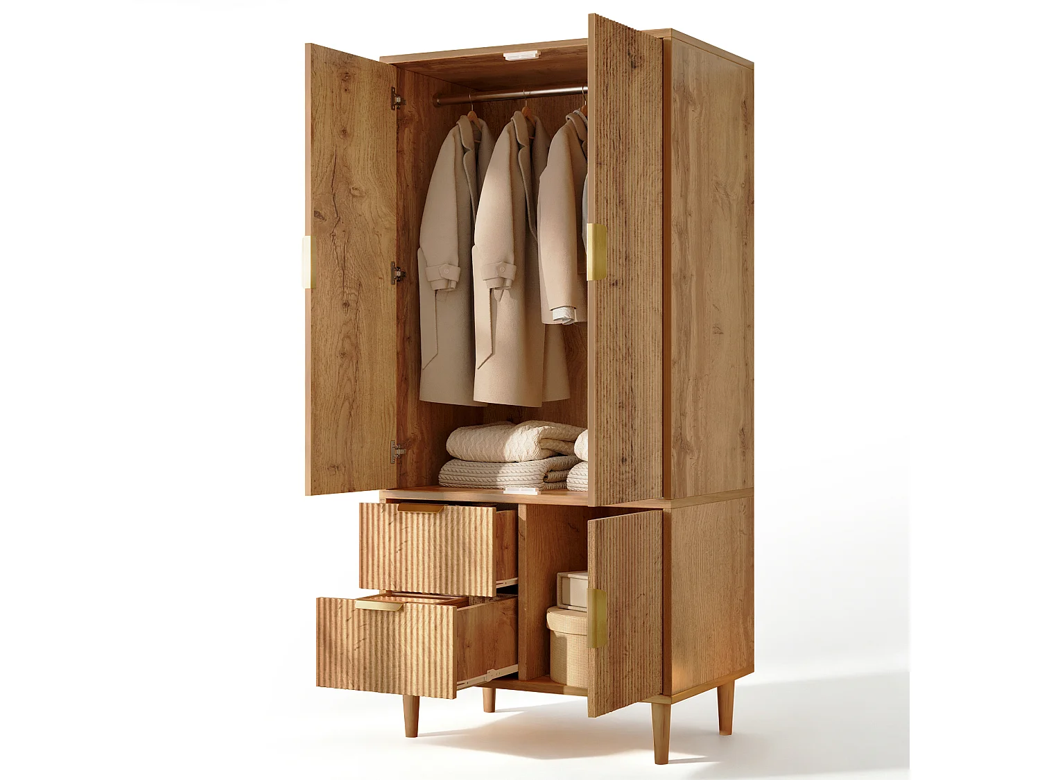 Armoire 80x50x177cm - texture de rainure 3D - avec 3 portes et 2 tiroirs - avec portant à vêtements - chêne