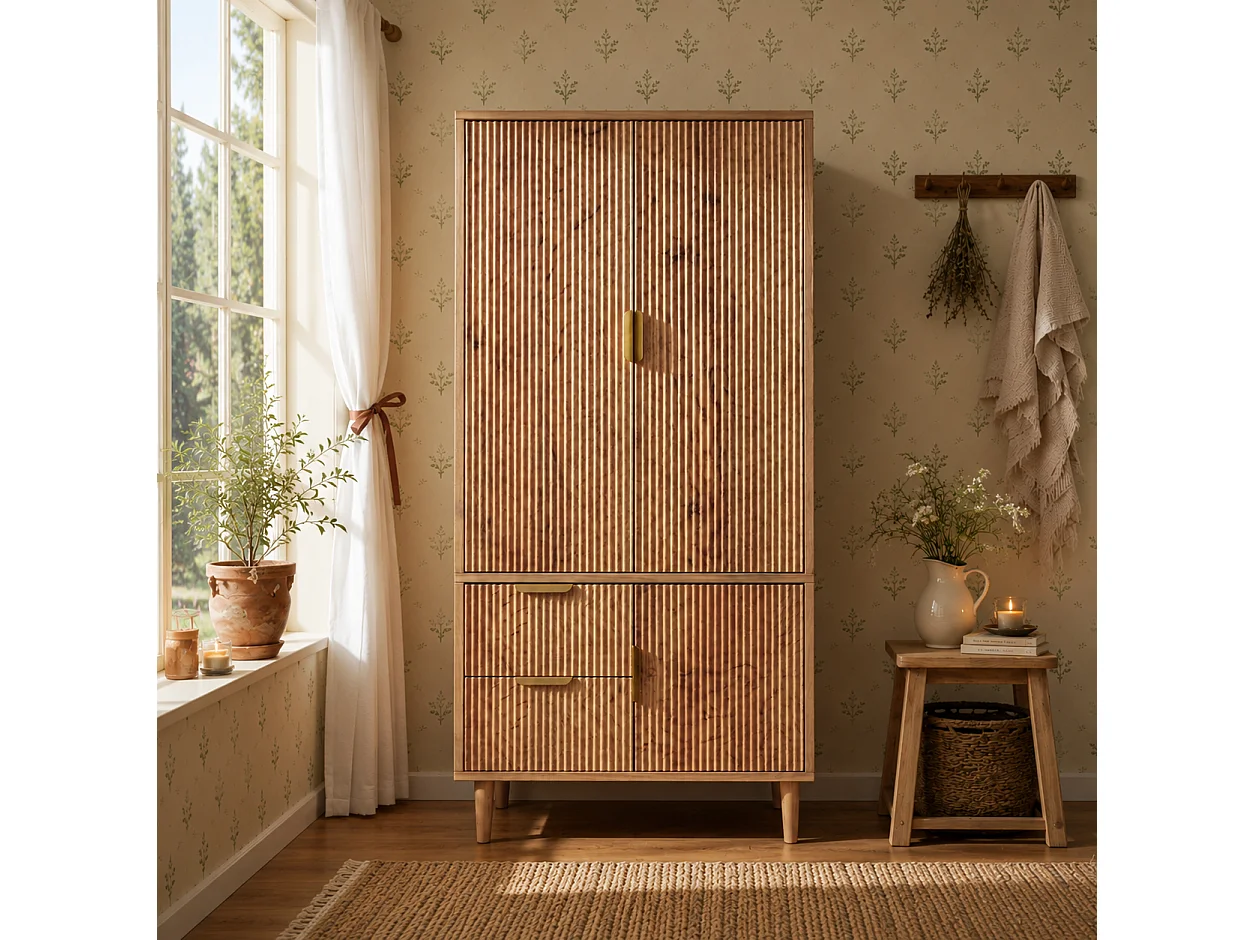 Armoire 80x50x177cm - texture de rainure 3D - avec 3 portes et 2 tiroirs - avec portant à vêtements - chêne