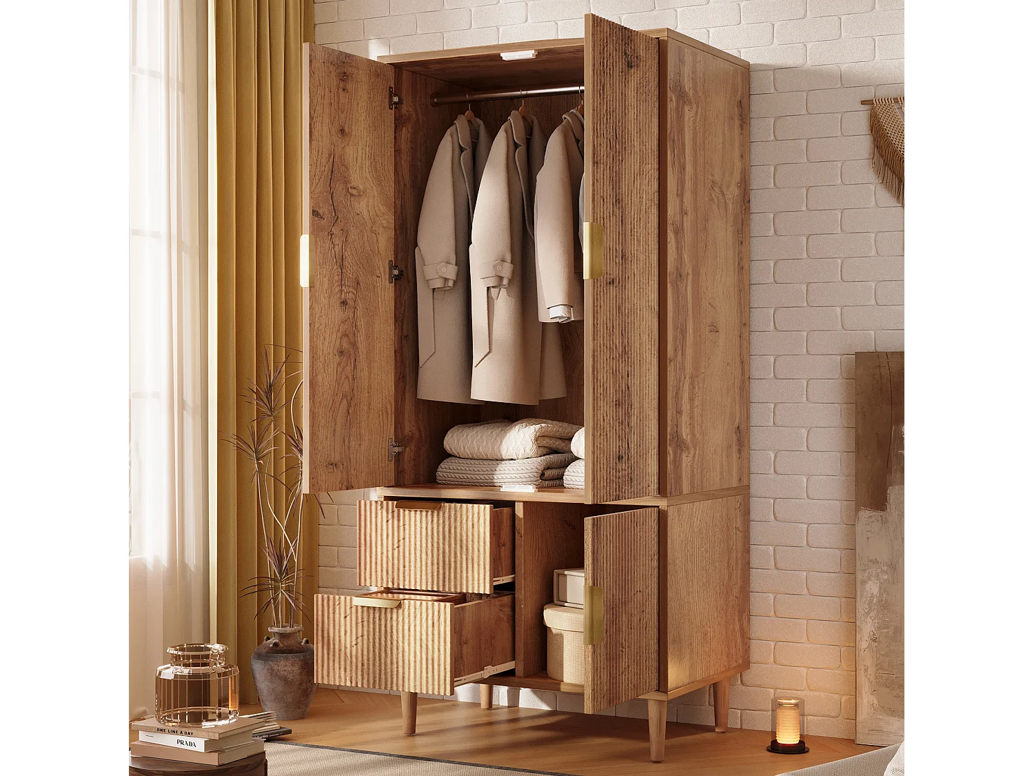 Armoire 80x50x177cm - texture de rainure 3D - avec 3 portes et 2 tiroirs - avec portant à vêtements - chêne