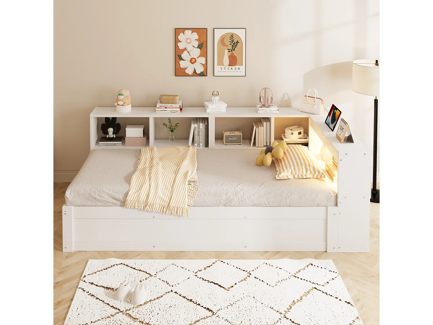 Lit coffre enfant 90x200 cm avec LED, prise et rangements - Blanc