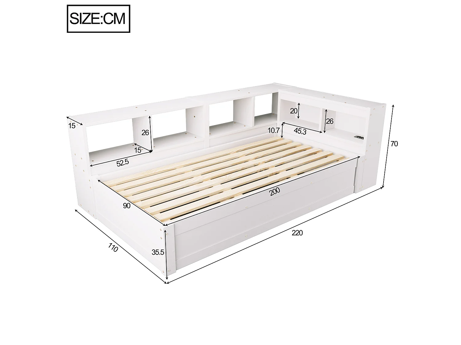 Lit coffre enfant 90x200 cm avec LED, prise et rangements - Blanc
