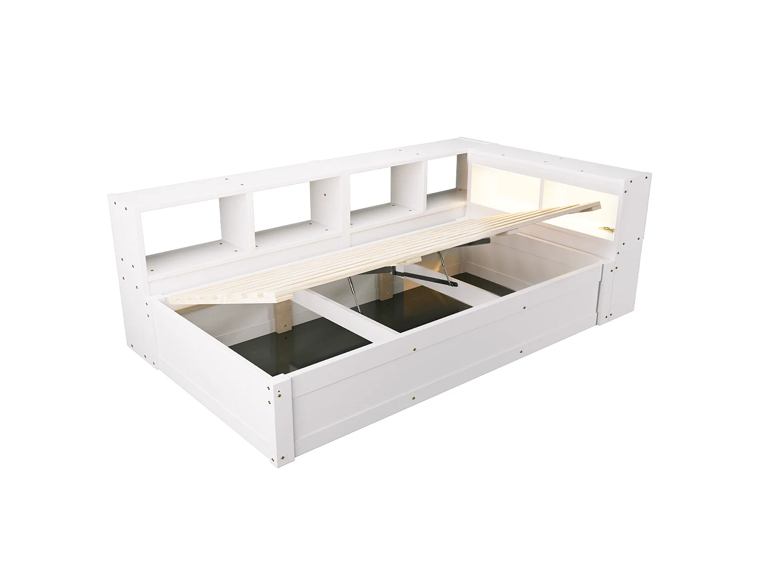 Lit coffre enfant 90x200 cm avec LED, prise et rangements - Blanc