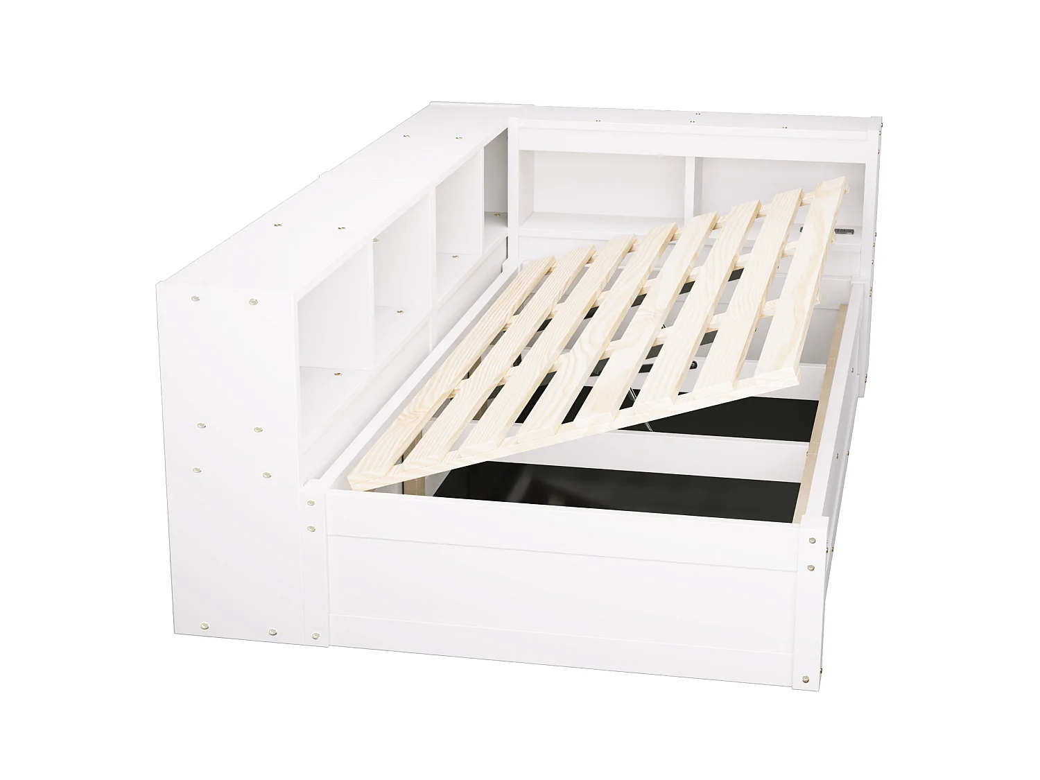 Lit coffre enfant 90x200 cm avec LED, prise et rangements - Blanc