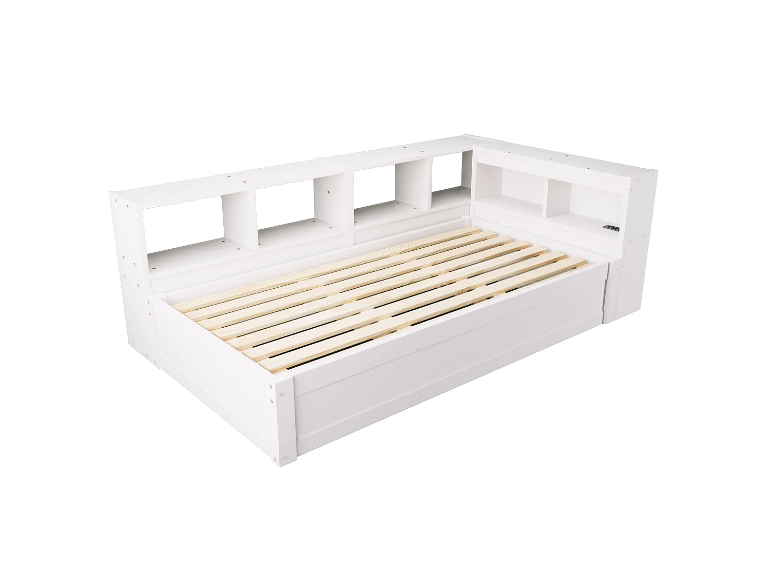 Lit coffre enfant 90x200 cm avec LED, prise et rangements - Blanc