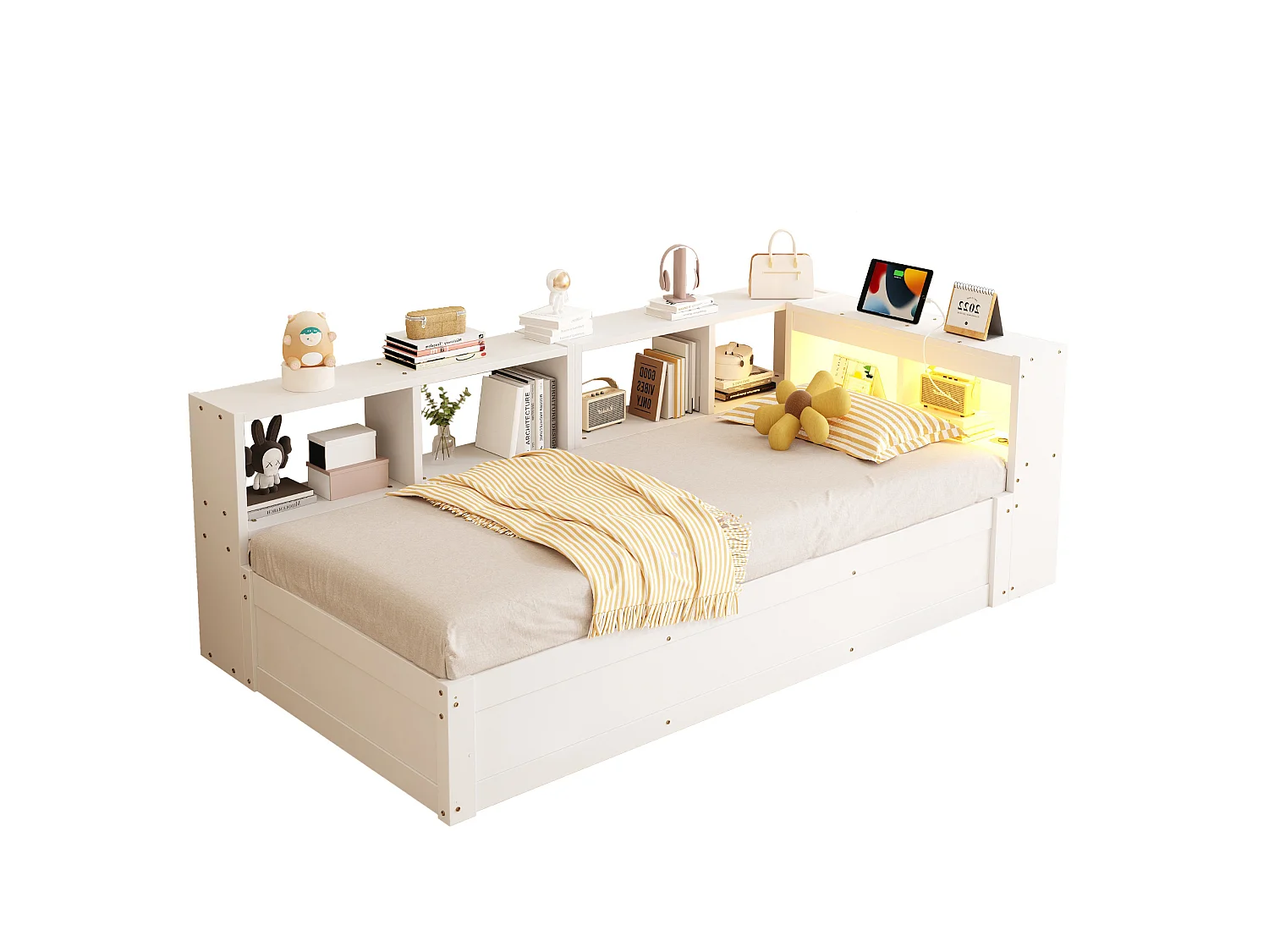 Lit coffre enfant 90x200 cm avec LED, prise et rangements - Blanc
