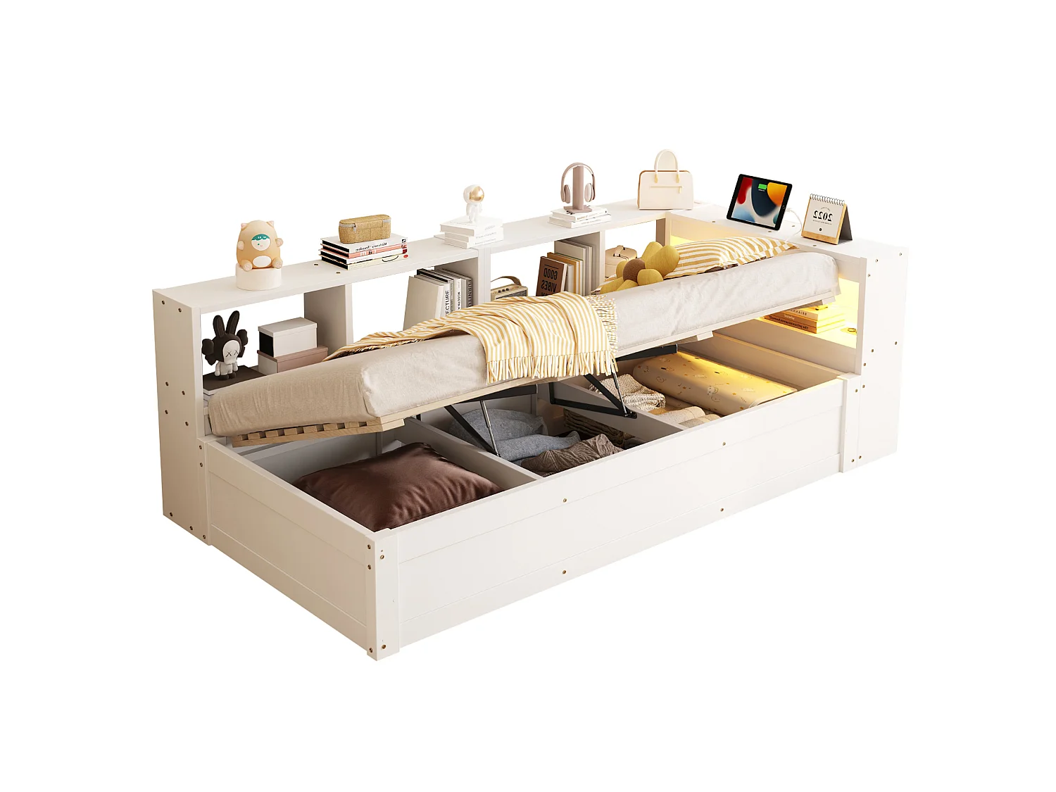 Lit coffre enfant 90x200 cm avec LED, prise et rangements - Blanc