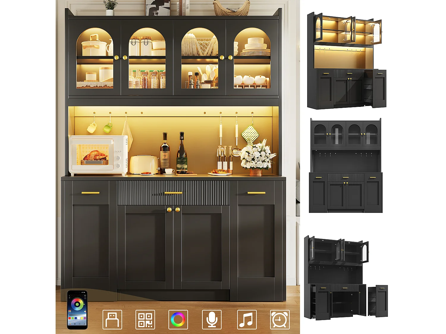 Buffet Hochschrank Küche 120cm - Vitrine mit LED-RGB-Beleuchtung verbunden, 3 verglaste Fächer, seitliche Schiebeablagen, Modernes Design - Schwarz