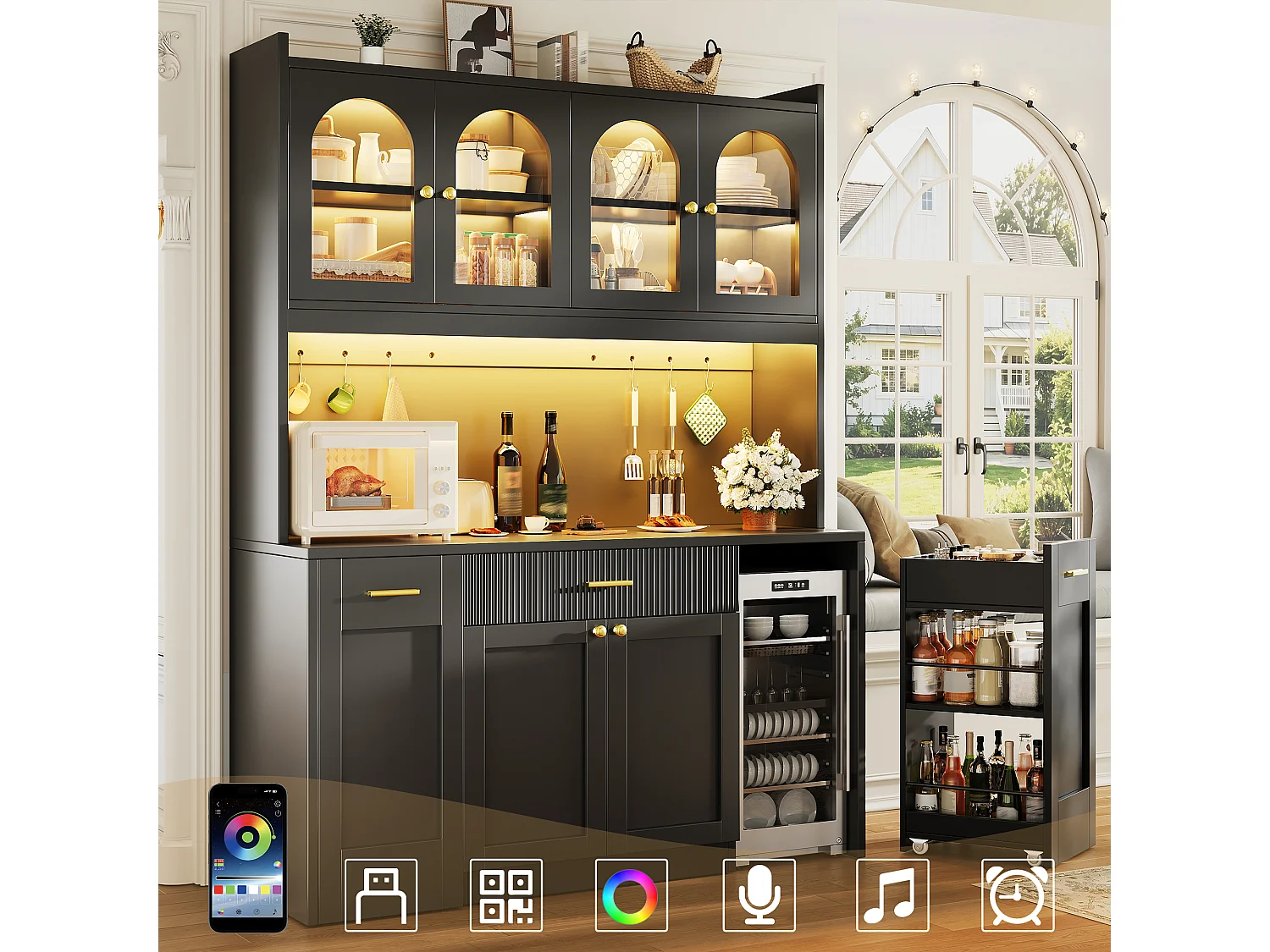 Buffet Hochschrank Küche 120cm - Vitrine mit LED-RGB-Beleuchtung verbunden, 3 verglaste Fächer, seitliche Schiebeablagen, Modernes Design - Schwarz