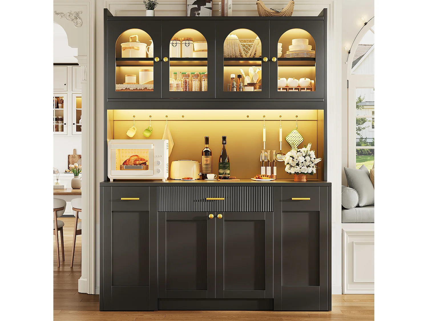 Buffet Hochschrank Küche 120cm - Vitrine mit LED-RGB-Beleuchtung verbunden, 3 verglaste Fächer, seitliche Schiebeablagen, Modernes Design - Schwarz