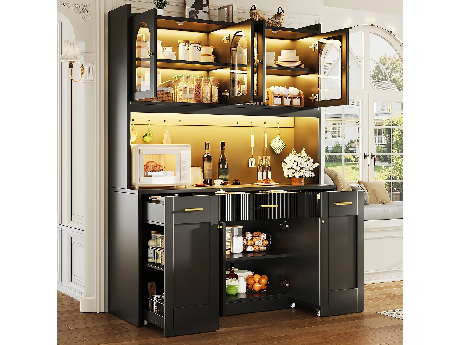 Buffet Hochschrank Küche 120cm - Vitrine mit LED-RGB-Beleuchtung verbunden, 3 verglaste Fächer, seitliche Schiebeablagen, Modernes Design - Schwarz