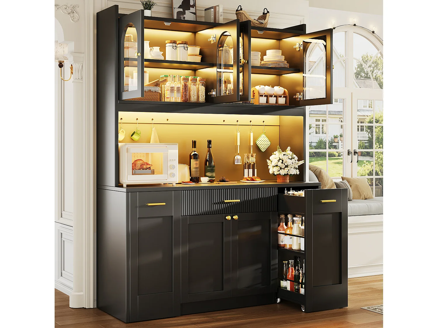 Buffet Hochschrank Küche 120cm - Vitrine mit LED-RGB-Beleuchtung verbunden, 3 verglaste Fächer, seitliche Schiebeablagen, Modernes Design - Schwarz