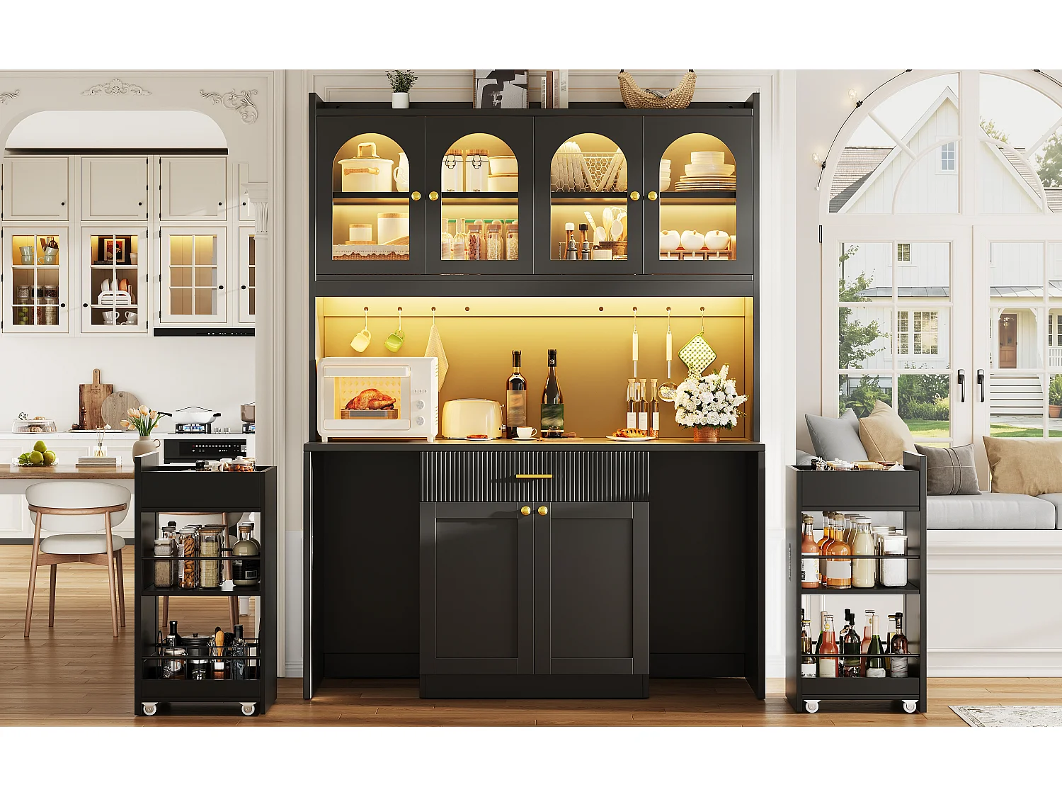 Buffet Hochschrank Küche 120cm - Vitrine mit LED-RGB-Beleuchtung verbunden, 3 verglaste Fächer, seitliche Schiebeablagen, Modernes Design - Schwarz