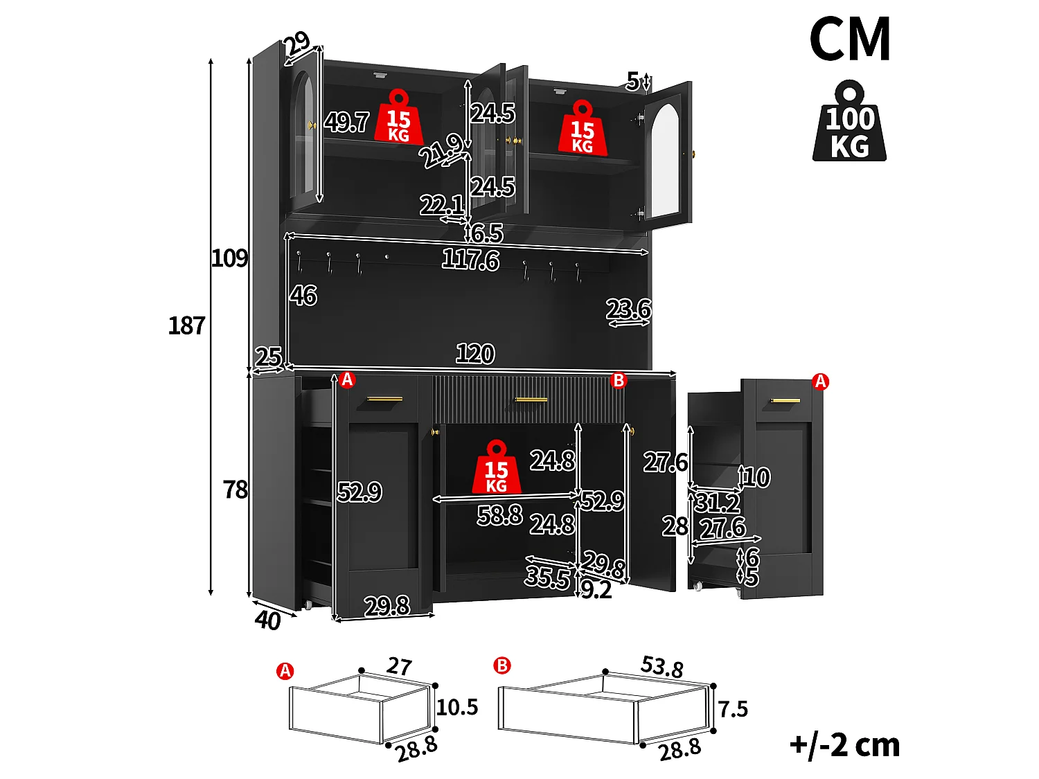 Buffet Hochschrank Küche 120cm - Vitrine mit LED-RGB-Beleuchtung verbunden, 3 verglaste Fächer, seitliche Schiebeablagen, Modernes Design - Schwarz