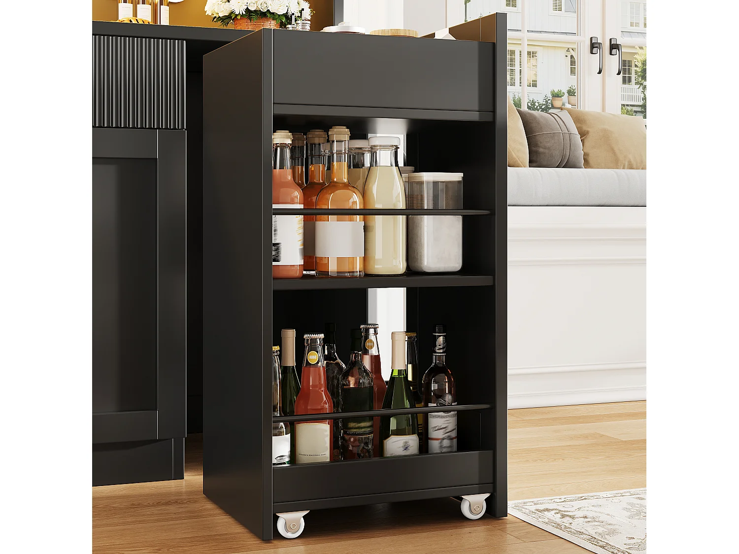 Buffet Hochschrank Küche 120cm - Vitrine mit LED-RGB-Beleuchtung verbunden, 3 verglaste Fächer, seitliche Schiebeablagen, Modernes Design - Schwarz