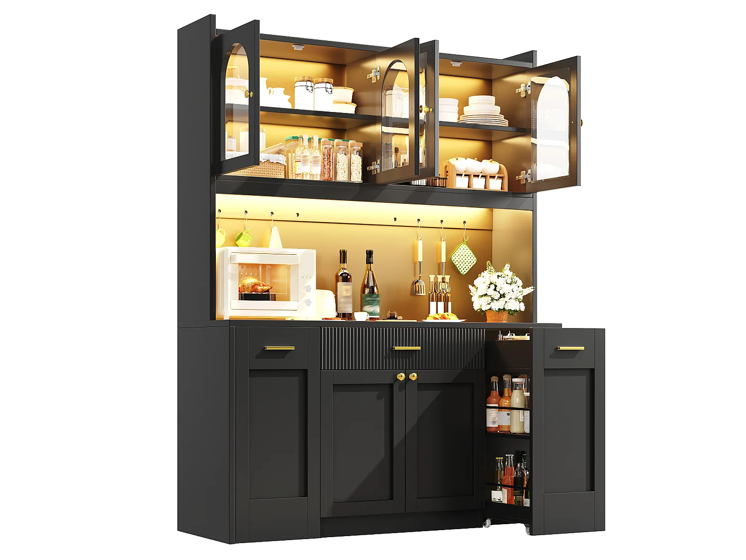 Buffet Hochschrank Küche 120cm - Vitrine mit LED-RGB-Beleuchtung verbunden, 3 verglaste Fächer, seitliche Schiebeablagen, Modernes Design - Schwarz