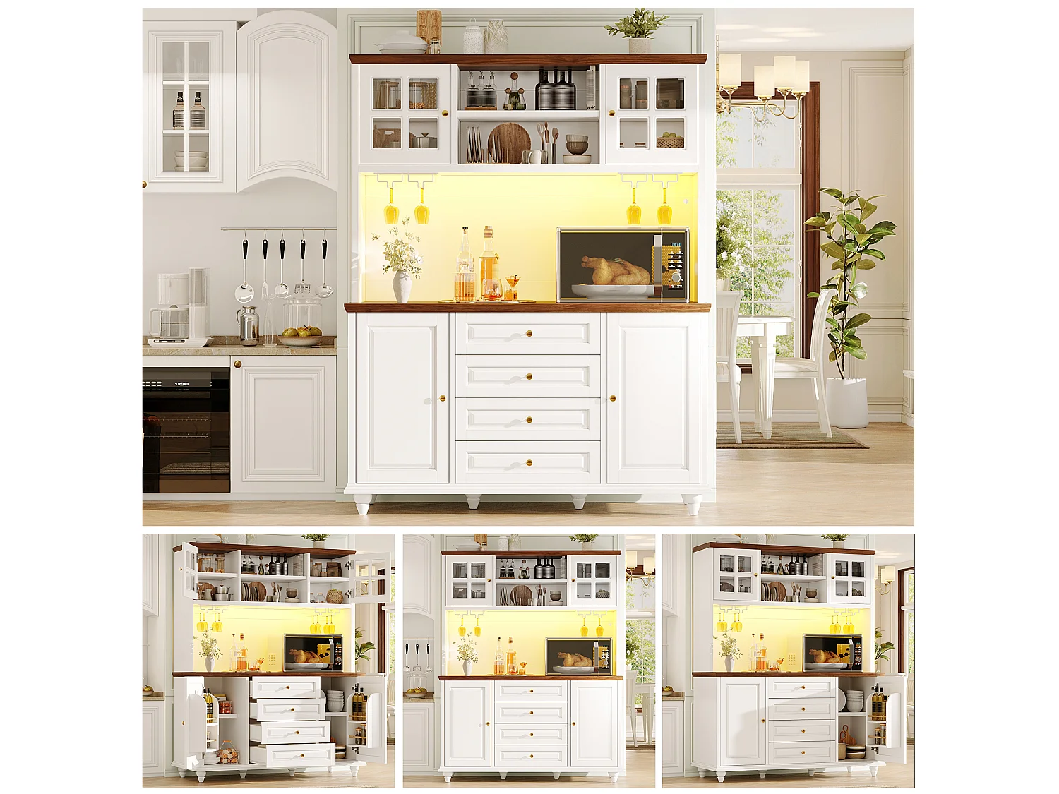 Buffet Hochschrank Küche 140cm - Aufbewahrungsschrank mit verbundener RGB-LED-Beleuchtung, Glasregal, Füße aus Massivholz, Modernes Design - Weiß