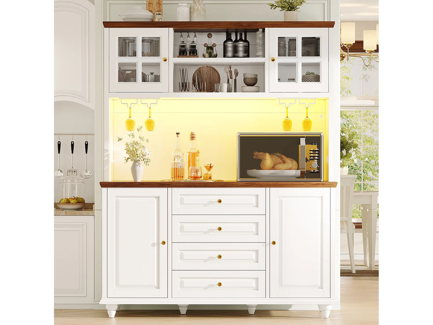 Buffet Hochschrank Küche 140cm - Aufbewahrungsschrank mit verbundener RGB-LED-Beleuchtung, Glasregal, Füße aus Massivholz, Modernes Design - Weiß