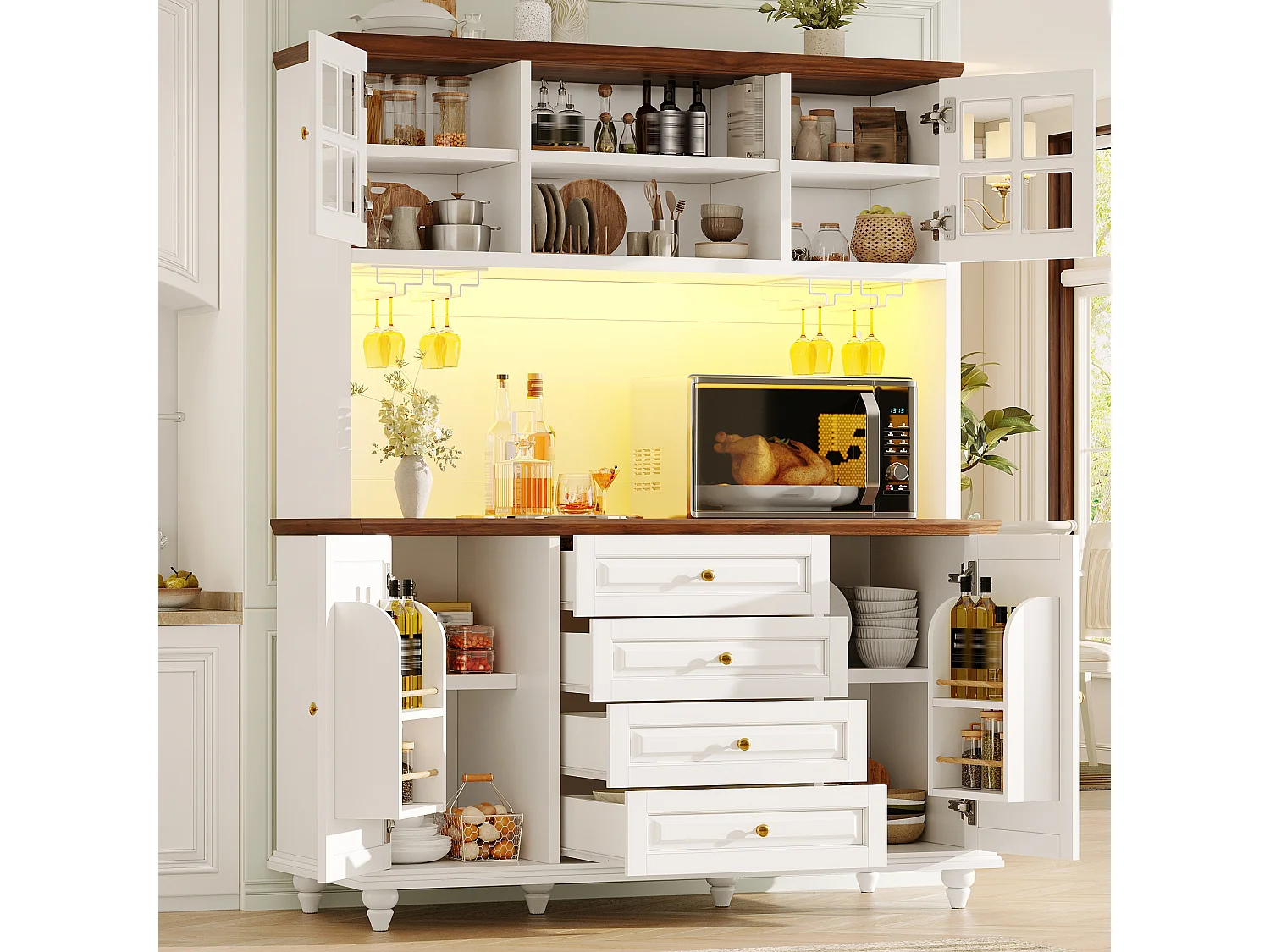 Buffet Hochschrank Küche 140cm - Aufbewahrungsschrank mit verbundener RGB-LED-Beleuchtung, Glasregal, Füße aus Massivholz, Modernes Design - Weiß