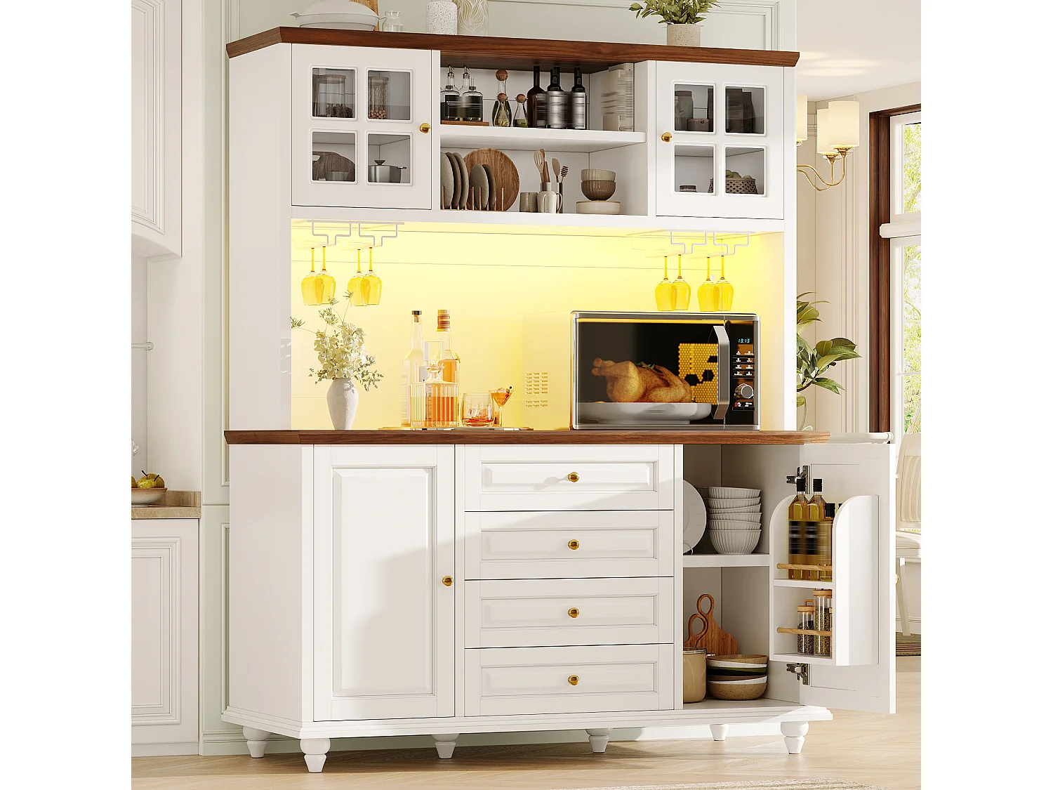 Buffet Hochschrank Küche 140cm - Aufbewahrungsschrank mit verbundener RGB-LED-Beleuchtung, Glasregal, Füße aus Massivholz, Modernes Design - Weiß