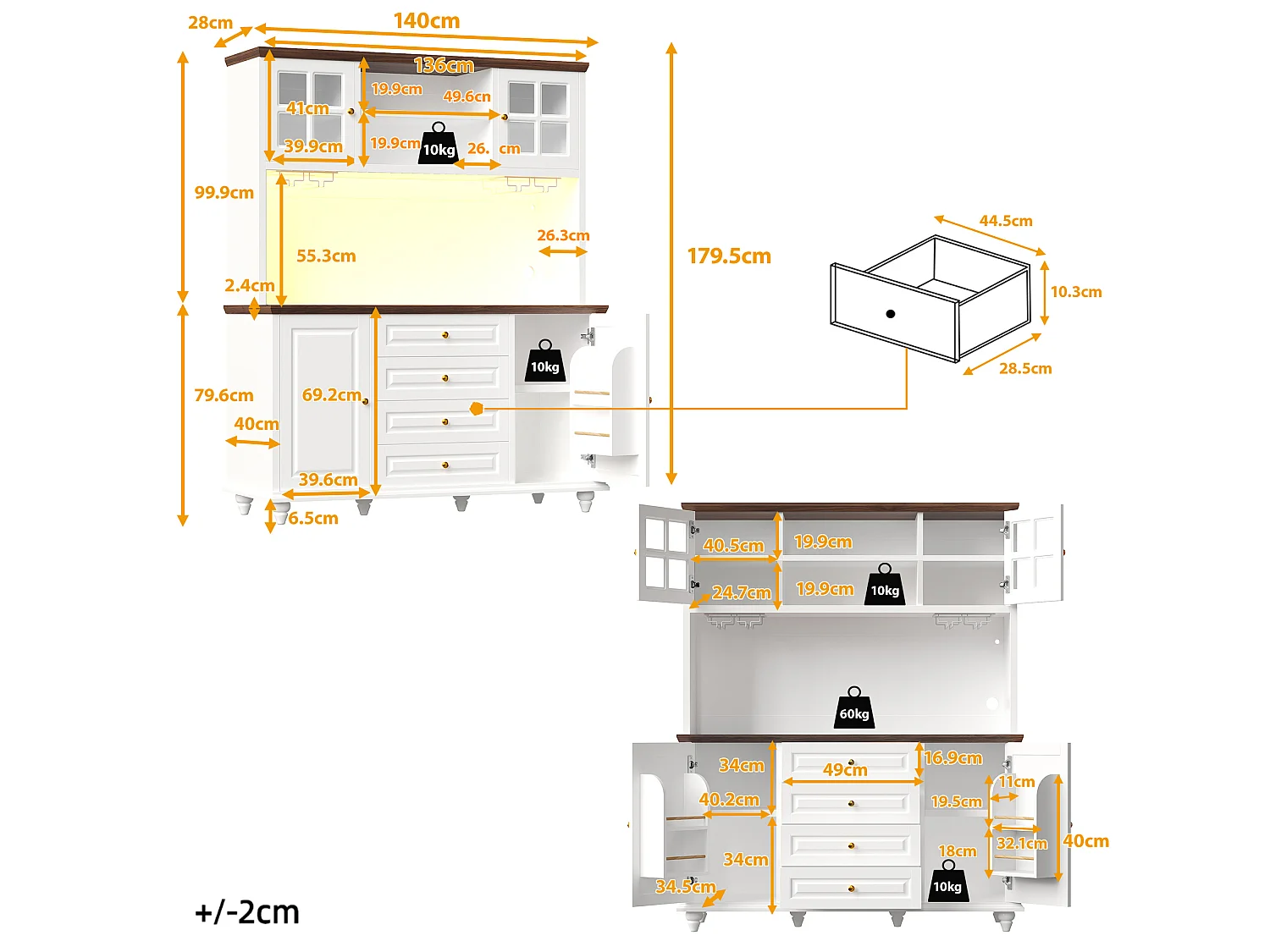 Buffet Hochschrank Küche 140cm - Aufbewahrungsschrank mit verbundener RGB-LED-Beleuchtung, Glasregal, Füße aus Massivholz, Modernes Design - Weiß