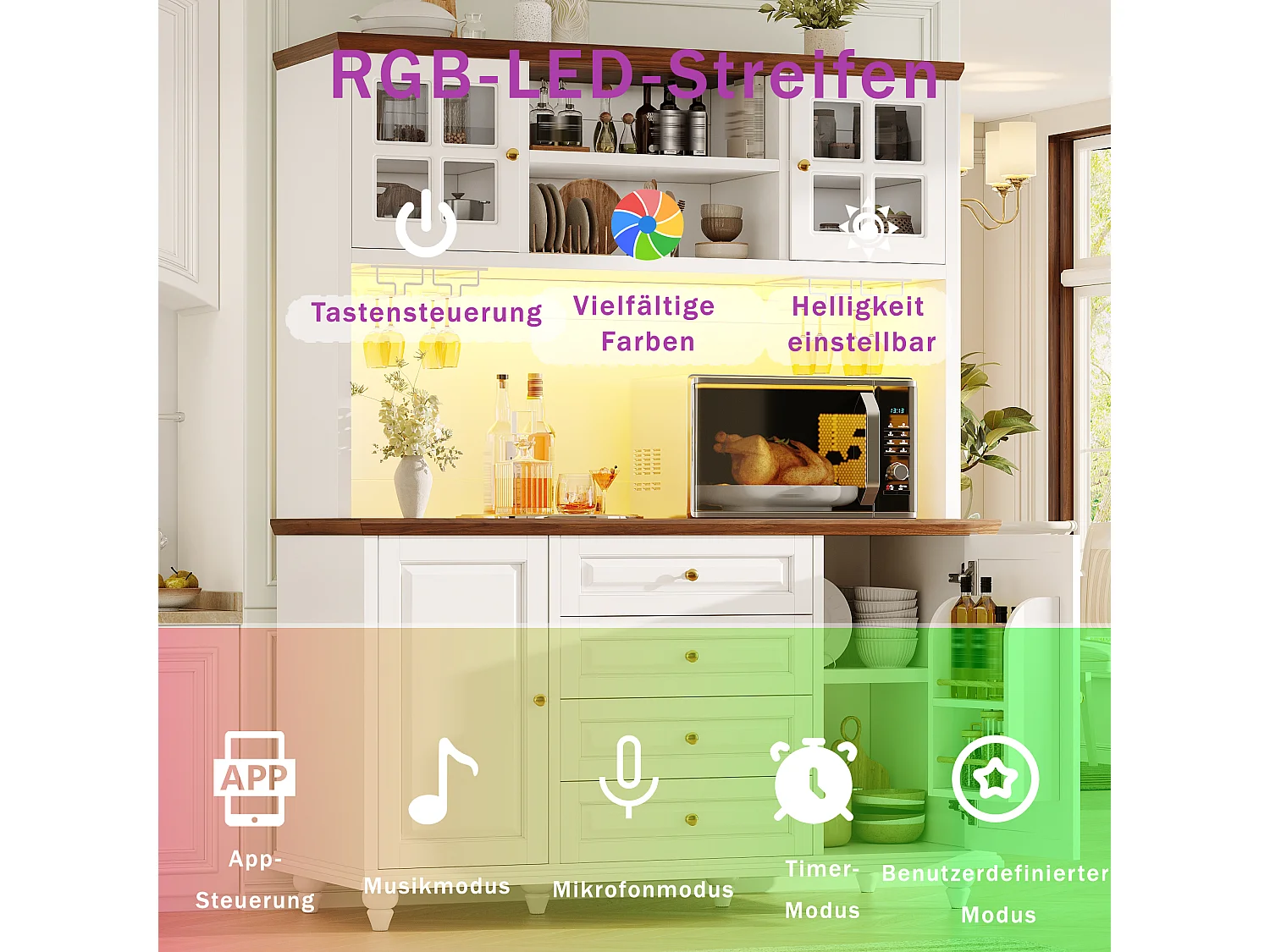 Buffet Hochschrank Küche 140cm - Aufbewahrungsschrank mit verbundener RGB-LED-Beleuchtung, Glasregal, Füße aus Massivholz, Modernes Design - Weiß