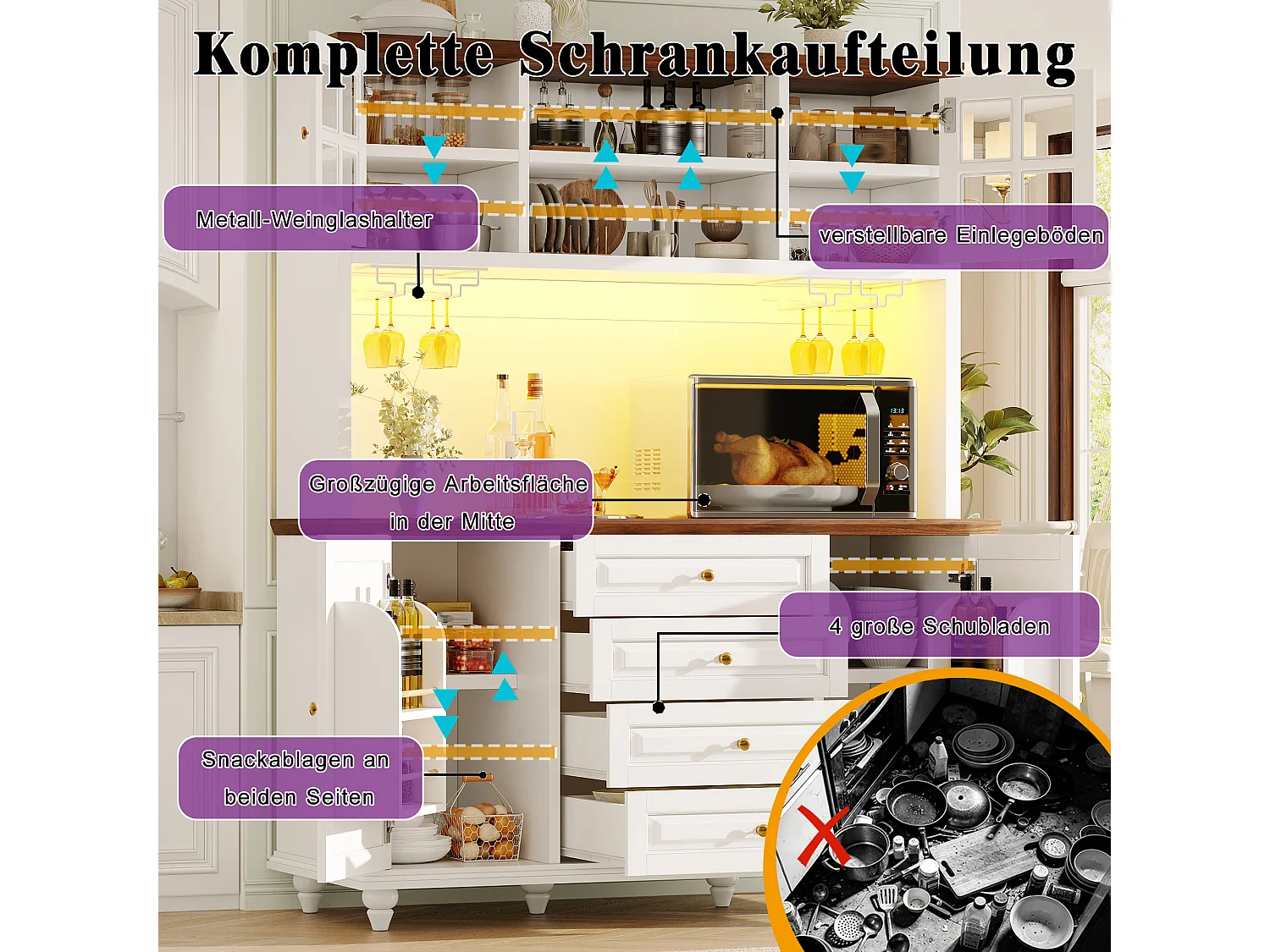 Buffet Hochschrank Küche 140cm - Aufbewahrungsschrank mit verbundener RGB-LED-Beleuchtung, Glasregal, Füße aus Massivholz, Modernes Design - Weiß