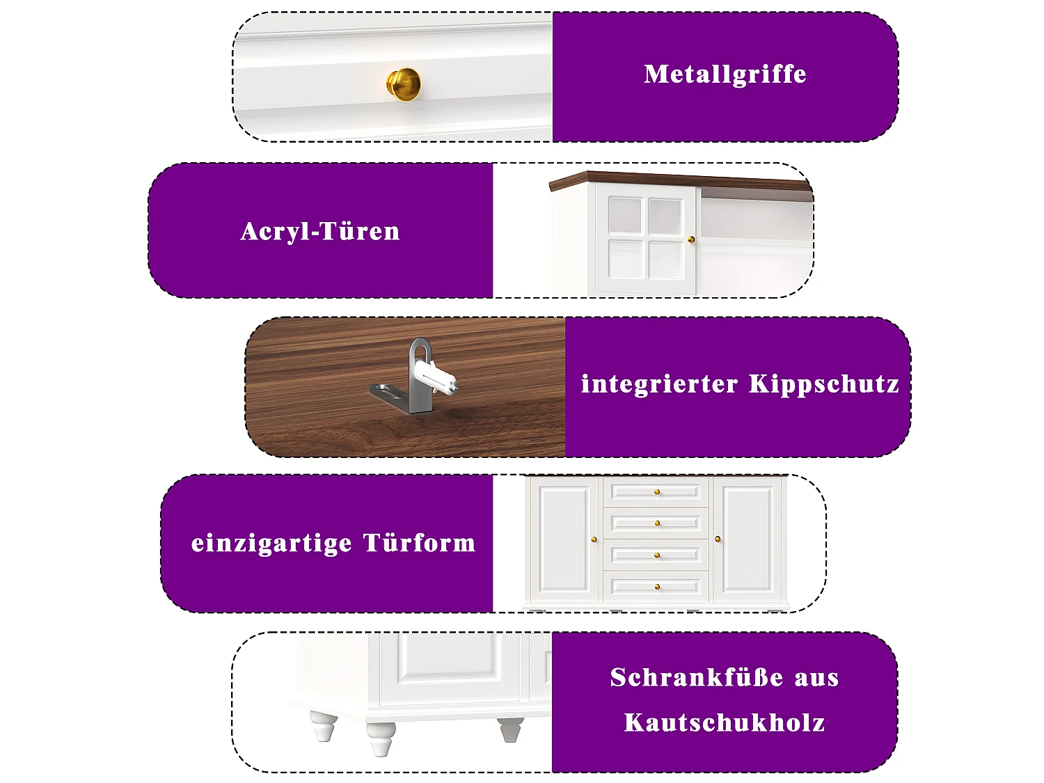 Buffet Hochschrank Küche 140cm - Aufbewahrungsschrank mit verbundener RGB-LED-Beleuchtung, Glasregal, Füße aus Massivholz, Modernes Design - Weiß