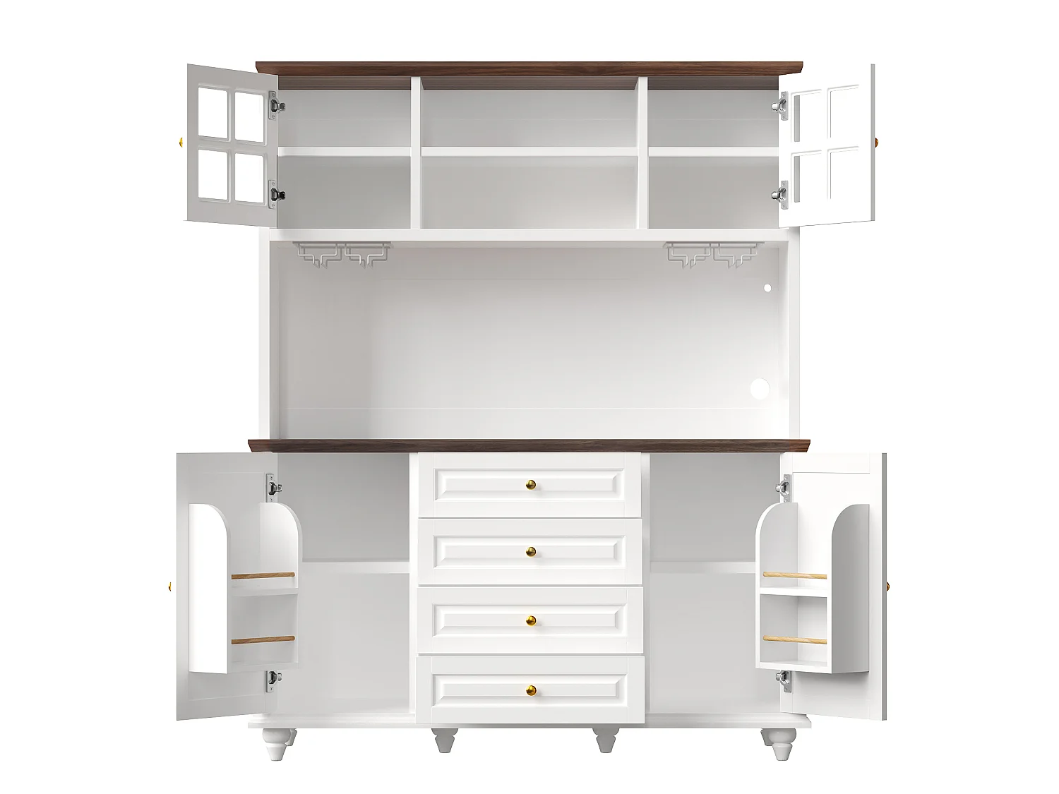 Buffet Hochschrank Küche 140cm - Aufbewahrungsschrank mit verbundener RGB-LED-Beleuchtung, Glasregal, Füße aus Massivholz, Modernes Design - Weiß
