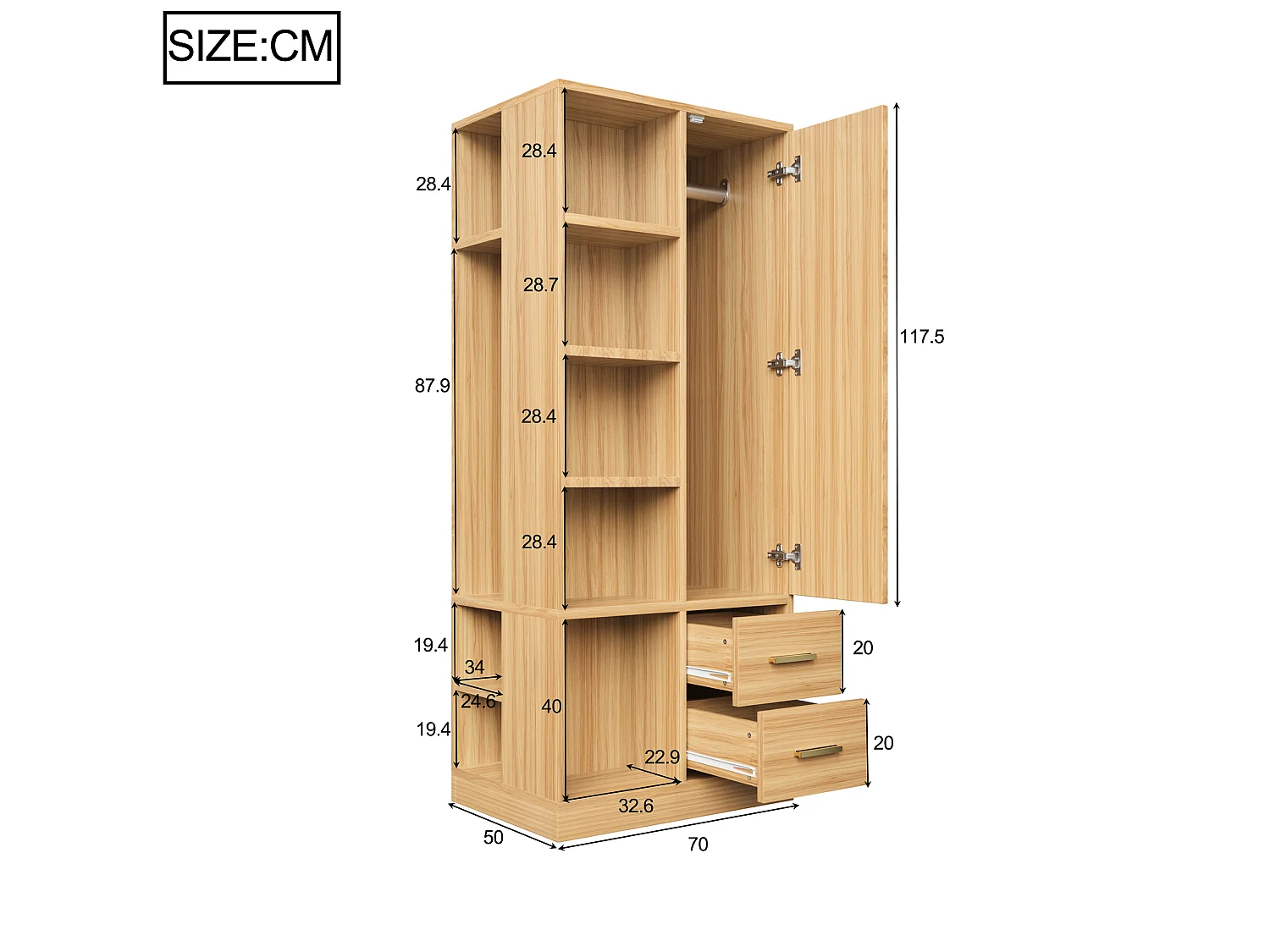Szafa jednodrzwiowa, 70 × 50 × 170 cm - z półkami - z dwoma oddzielnymi drążkami na ubrania - z 2 szufladami - naturalny