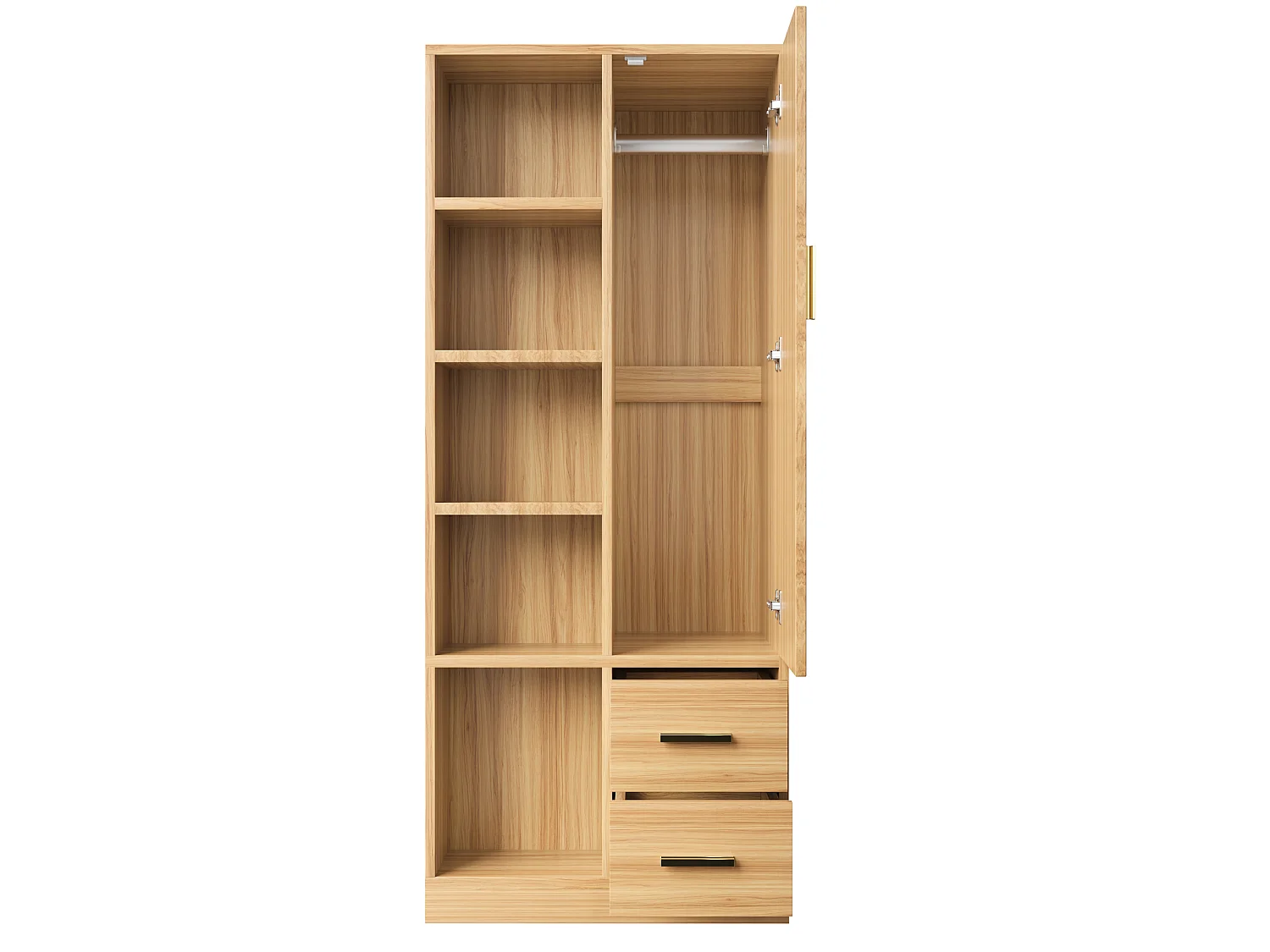 Szafa jednodrzwiowa, 70 × 50 × 170 cm - z półkami - z dwoma oddzielnymi drążkami na ubrania - z 2 szufladami - naturalny
