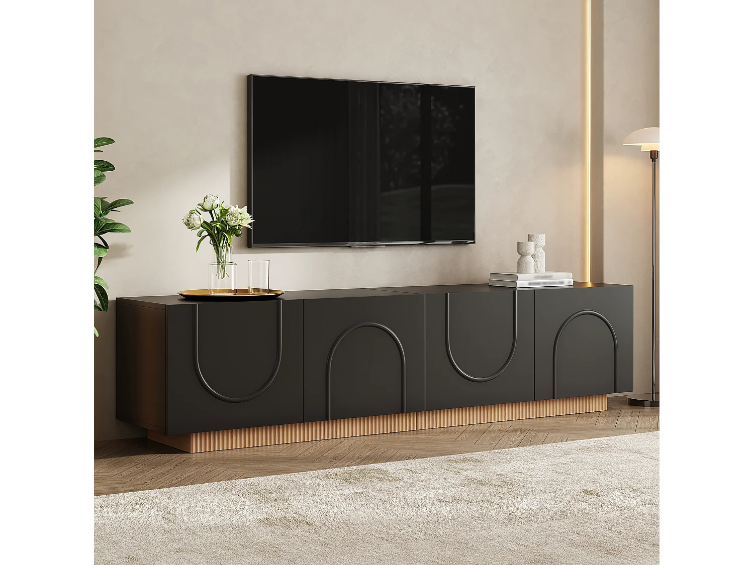 Möbel TV 170cm - Bänk TV Design med Fasader med Motiv Bågar och Sockel Ribbad, 4 Dörrar, Stil Modern - Svart