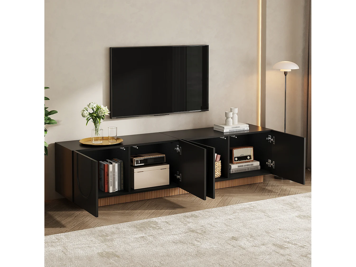 Möbel TV 170cm - Bänk TV Design med Fasader med Motiv Bågar och Sockel Ribbad, 4 Dörrar, Stil Modern - Svart