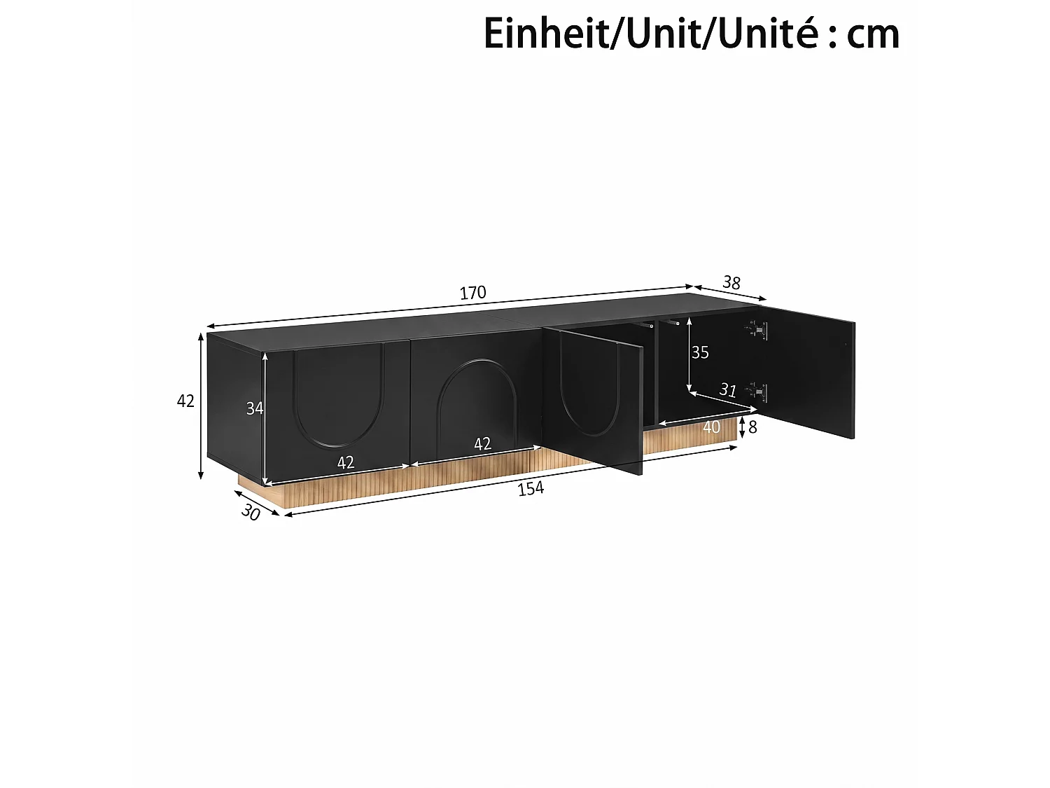 Möbel TV 170cm - Bänk TV Design med Fasader med Motiv Bågar och Sockel Ribbad, 4 Dörrar, Stil Modern - Svart
