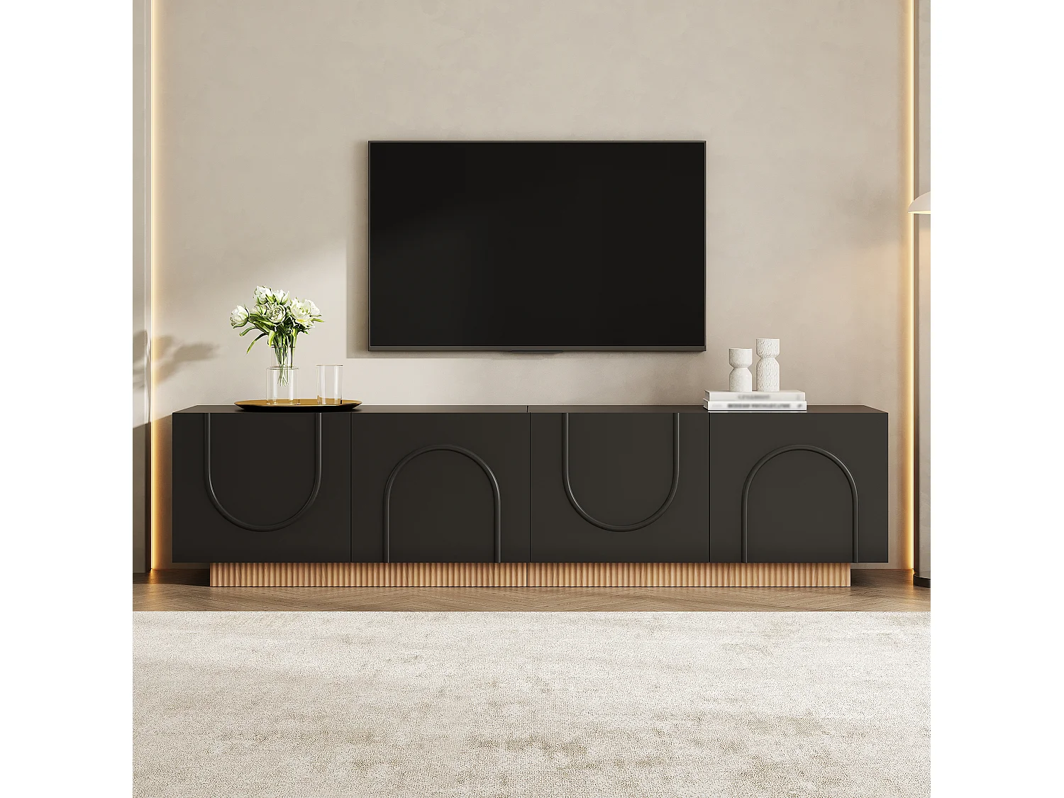 Möbel TV 170cm - Bänk TV Design med Fasader med Motiv Bågar och Sockel Ribbad, 4 Dörrar, Stil Modern - Svart