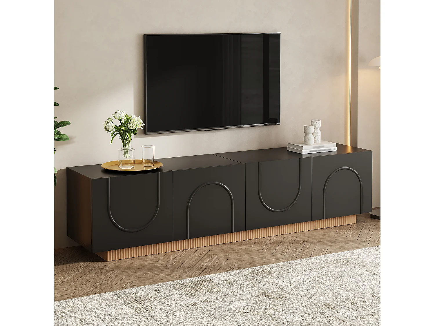 Möbel TV 170cm - Bänk TV Design med Fasader med Motiv Bågar och Sockel Ribbad, 4 Dörrar, Stil Modern - Svart