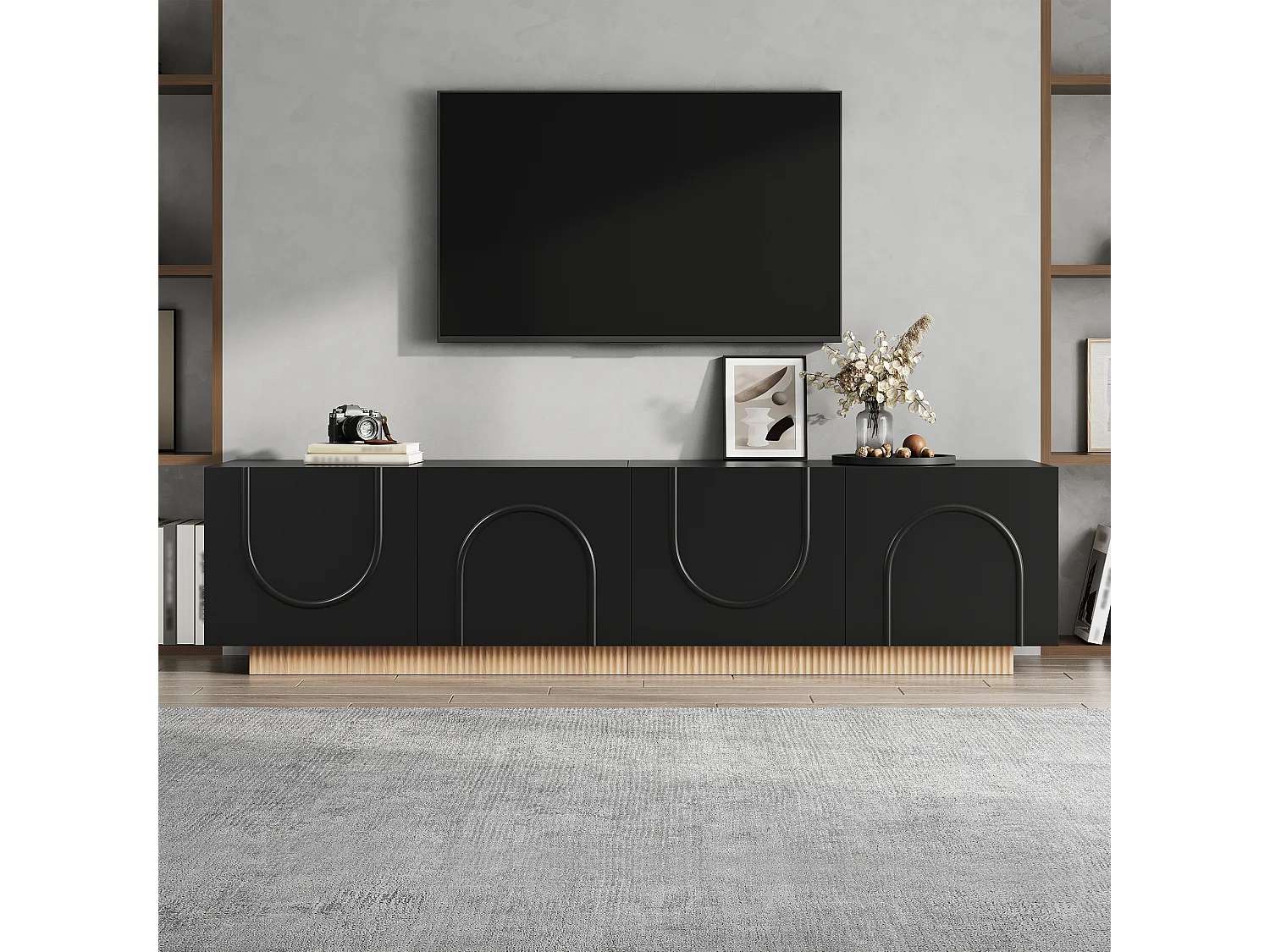 Möbel TV 170cm - Bänk TV Design med Fasader med Motiv Bågar och Sockel Ribbad, 4 Dörrar, Stil Modern - Svart