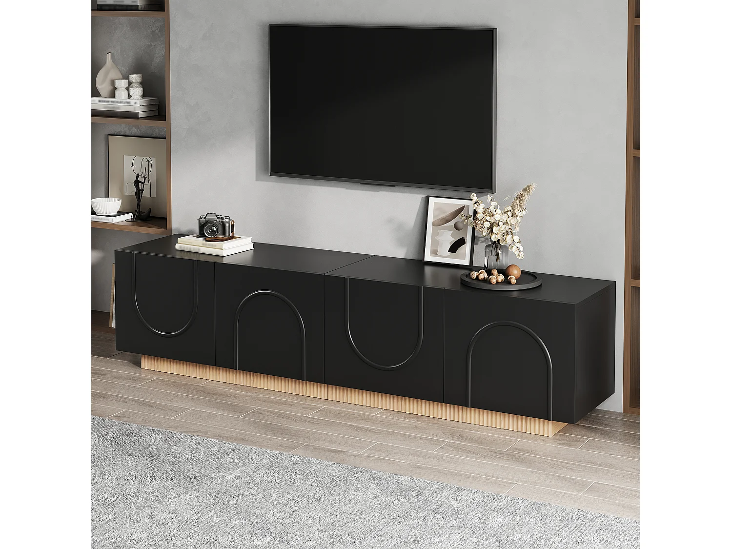 Möbel TV 170cm - Bänk TV Design med Fasader med Motiv Bågar och Sockel Ribbad, 4 Dörrar, Stil Modern - Svart