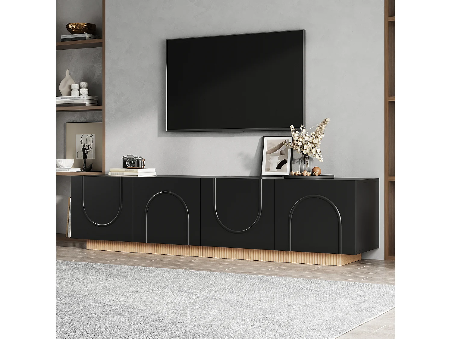 Möbel TV 170cm - Bänk TV Design med Fasader med Motiv Bågar och Sockel Ribbad, 4 Dörrar, Stil Modern - Svart
