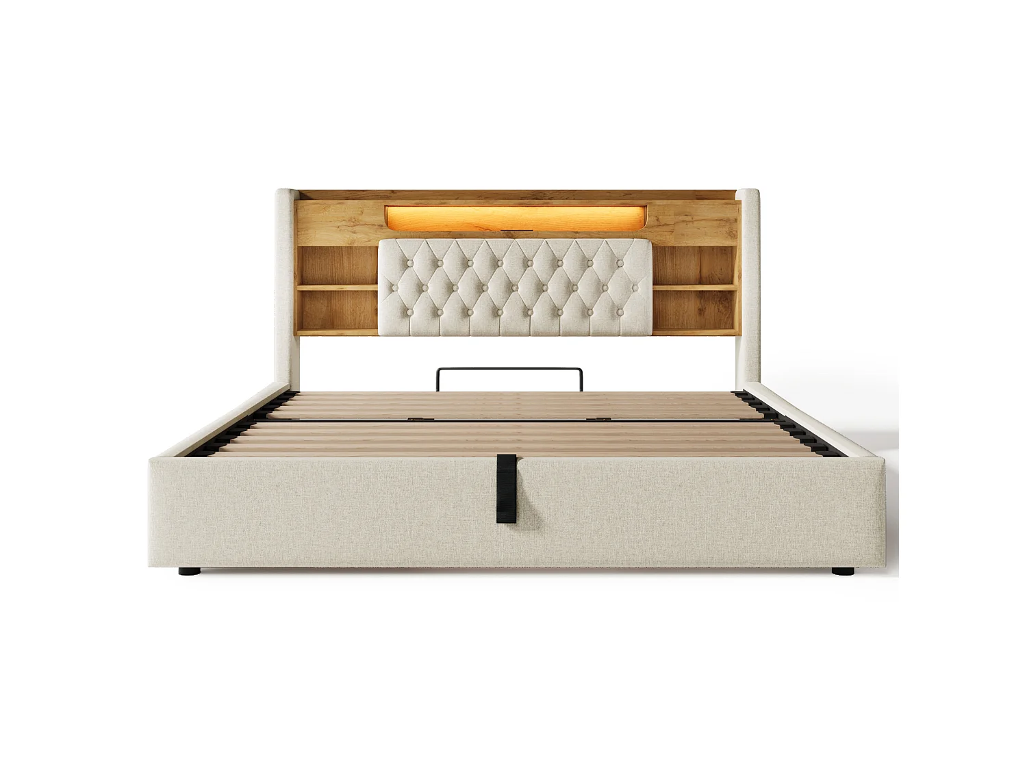 Vuxensäng med förvaring 180x200 cm med förvaring, LED och USB/Type-C - Dubbelsäng i beige linnetyg