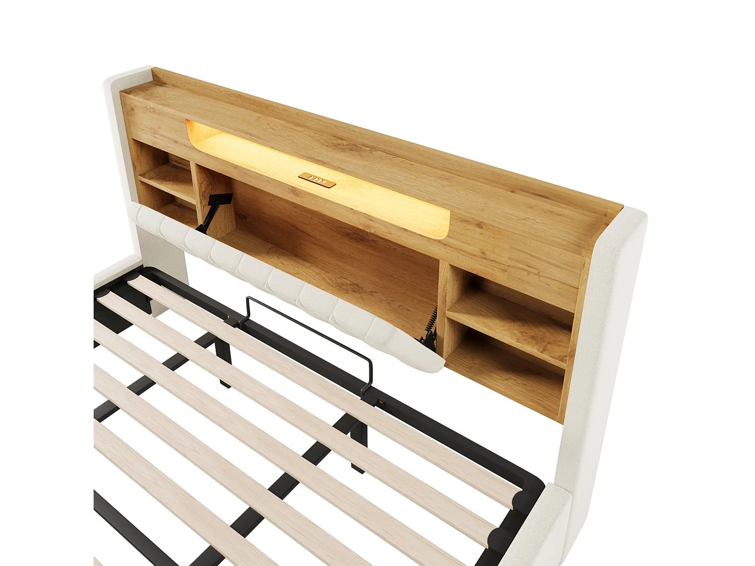 Vuxensäng med förvaring 180x200 cm med förvaring, LED och USB/Type-C - Dubbelsäng i beige linnetyg