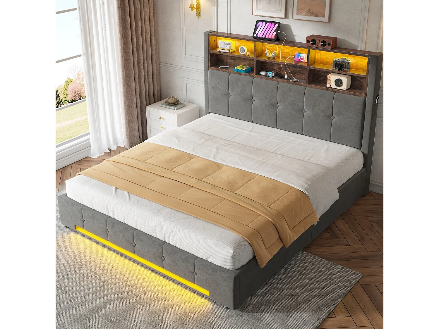 Lit coffre adulte 160x200 cm avec USB-C et LED - Lit double en velours gris foncé