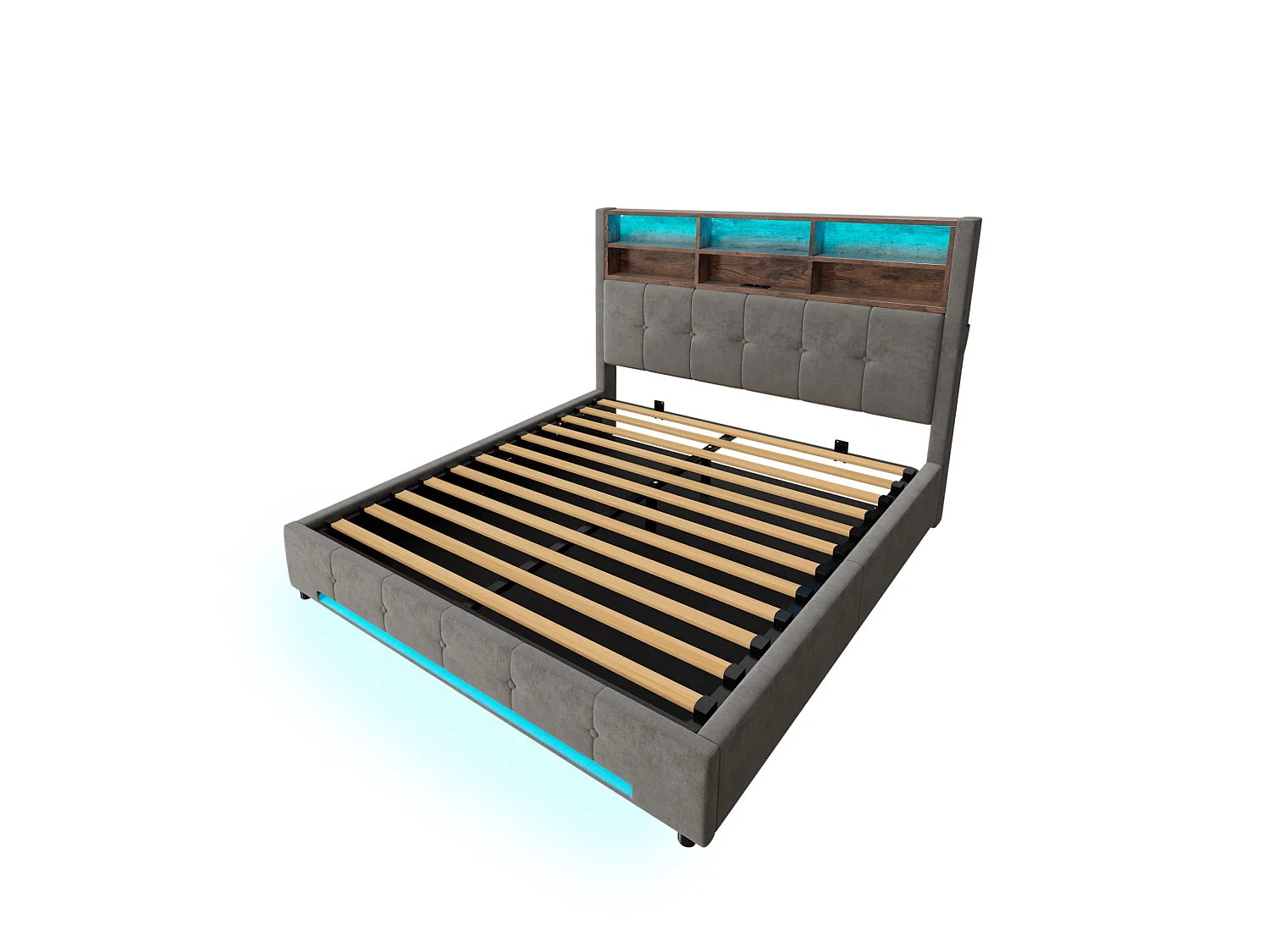 Lit coffre adulte 160x200 cm avec USB-C et LED - Lit double en velours gris foncé